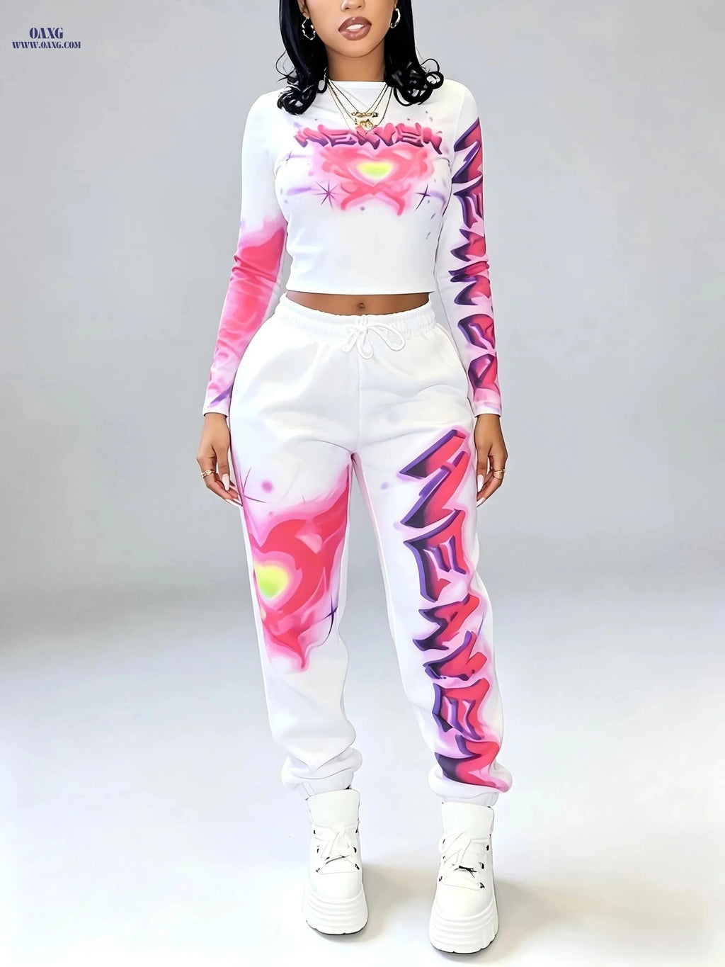 Y2K Women's Heart Top & Skinny Pants Set - Casual Long Sleeve   OAXG Light White+Pink / S