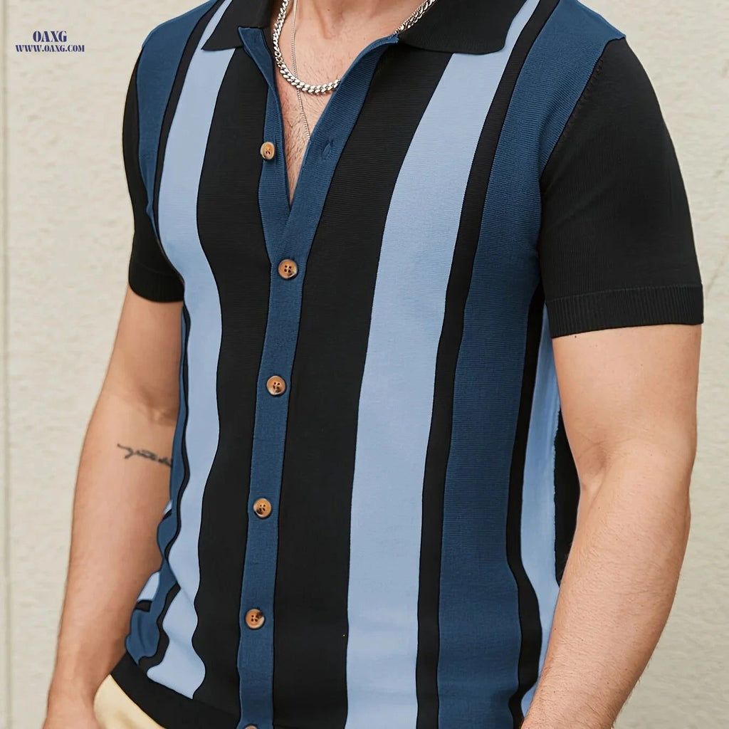 YFOF Men's Retro Striped Polo Shirt - Short Sleeve Summer Style   OAXG Navy Color / FR S
