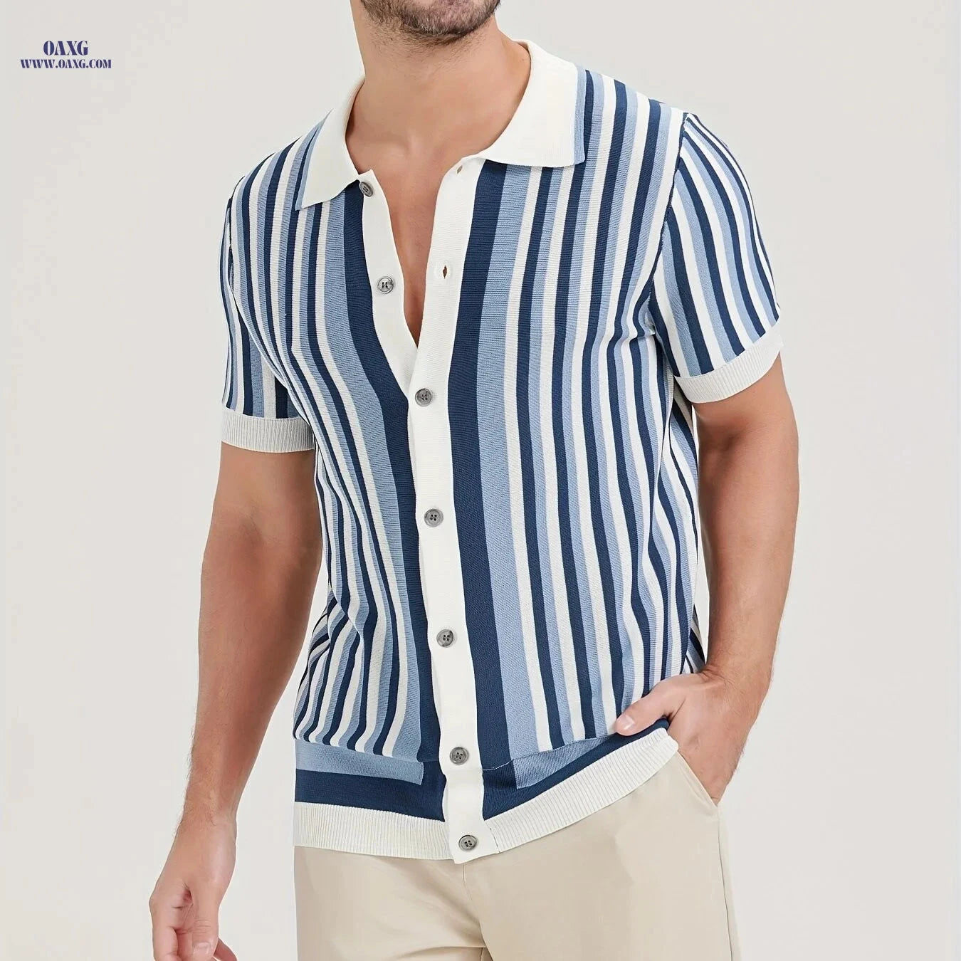 YFOF Men's Striped Knit Shirt - Cool Summer Polo for Casual Wear   OAXG Sky Blue / FR S