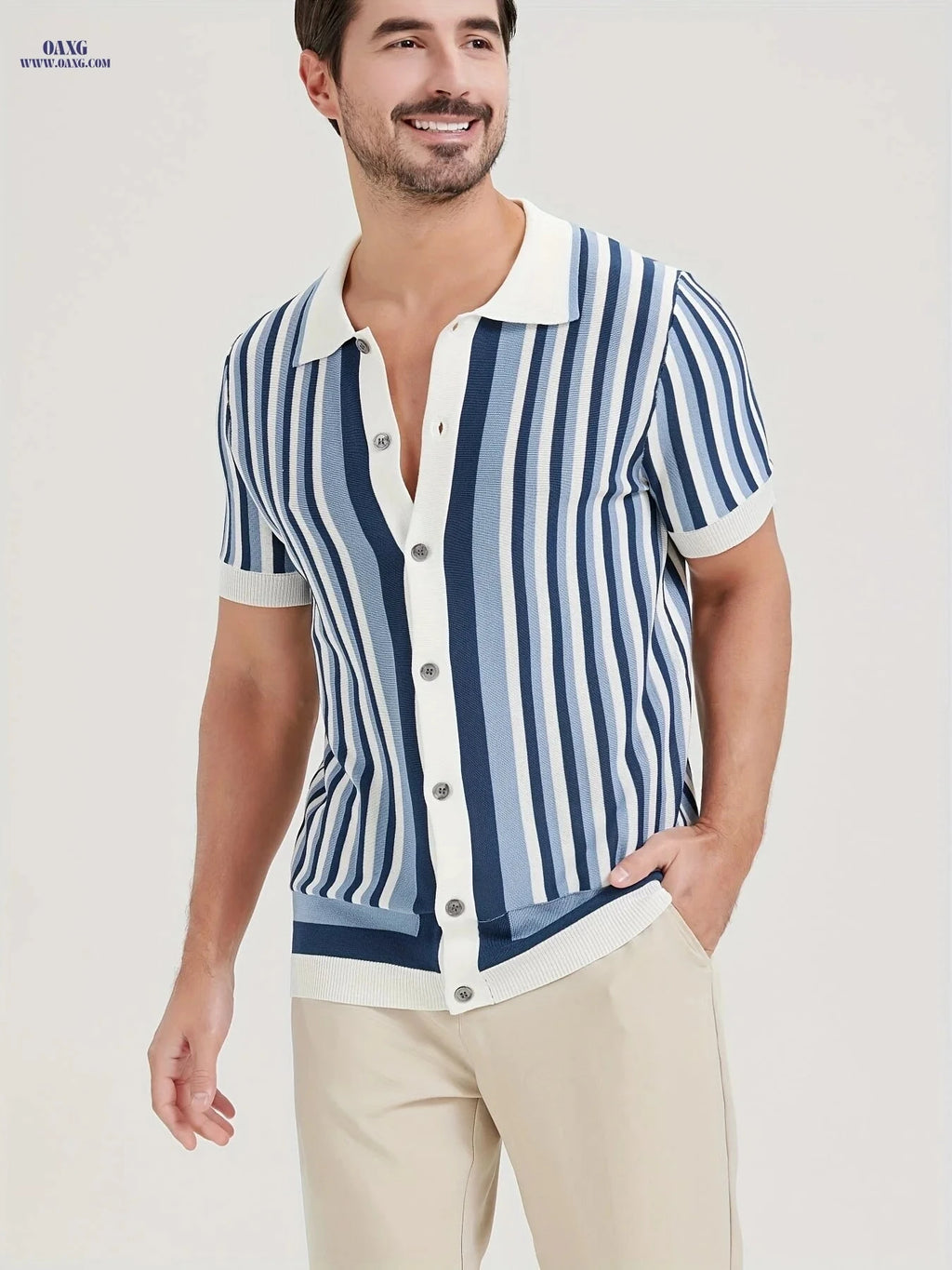 YFOF Men's Striped Knit Shirt - Cool Summer Polo for Casual Wear   OAXG Sky Blue / FR S