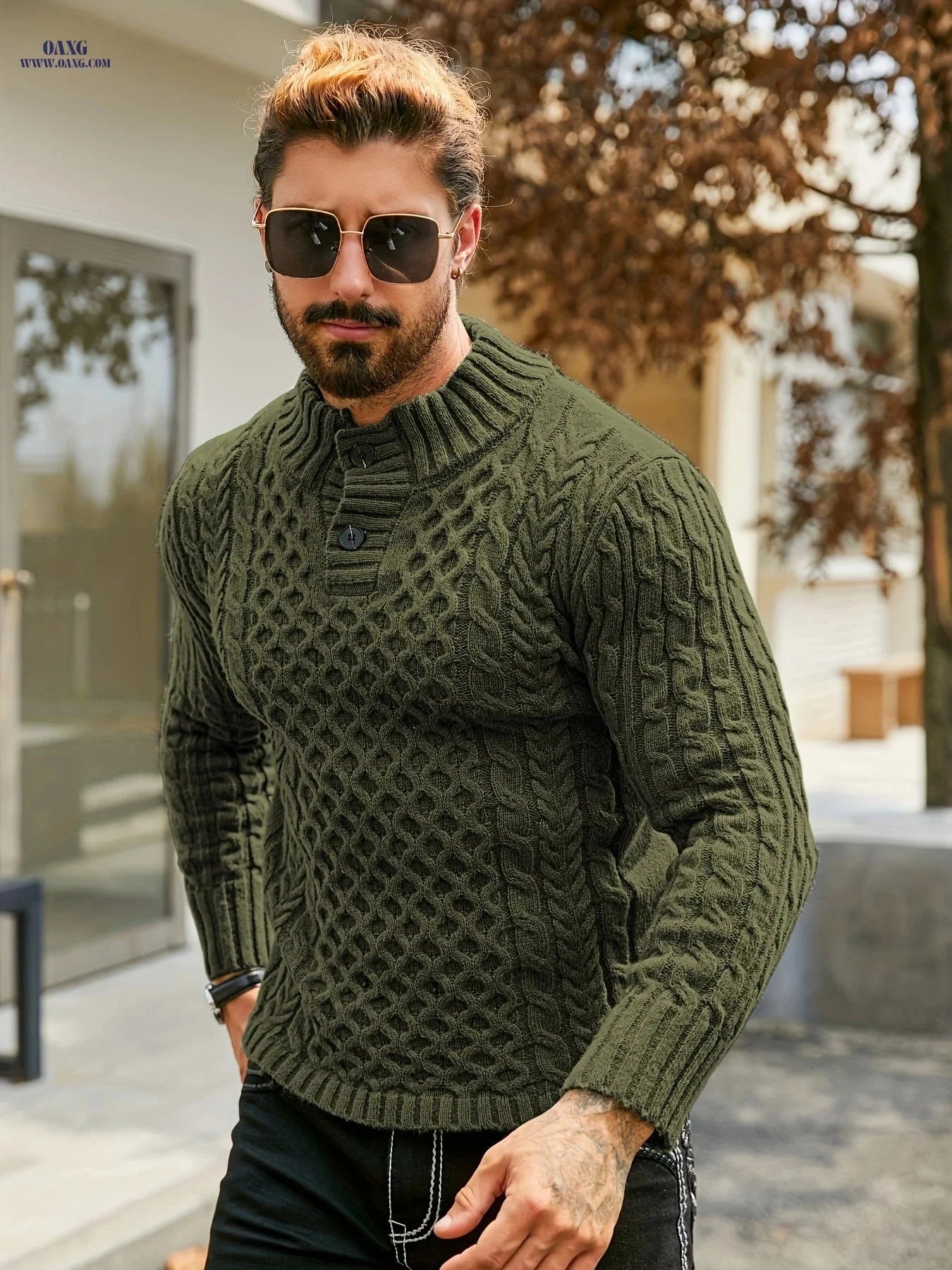 YFOF Men's Thermal Cable Knit Sweater - Striped Stand Collar Pullover   OAXG 