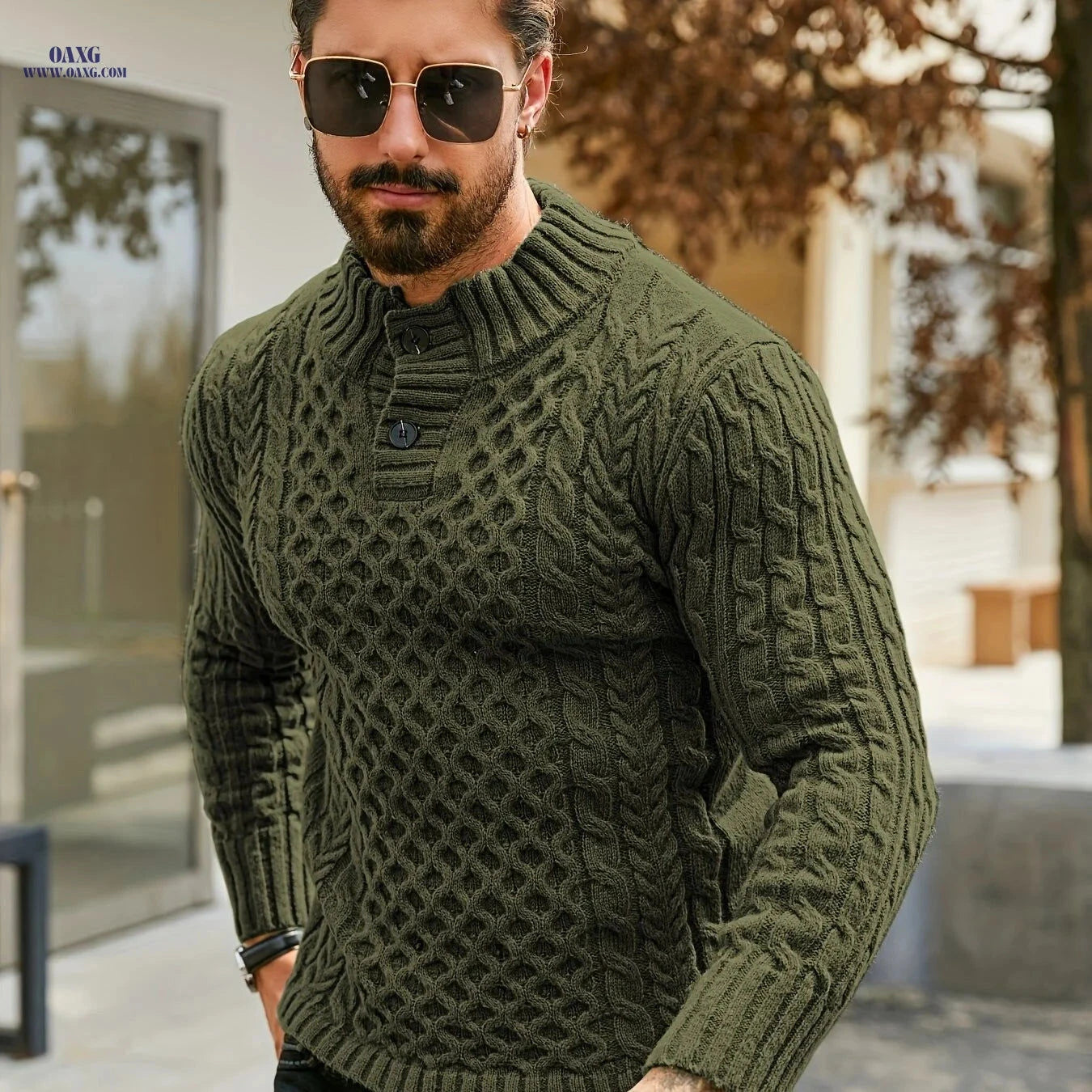 YFOF Men's Thermal Cable Knit Sweater - Striped Stand Collar Pullover   OAXG 