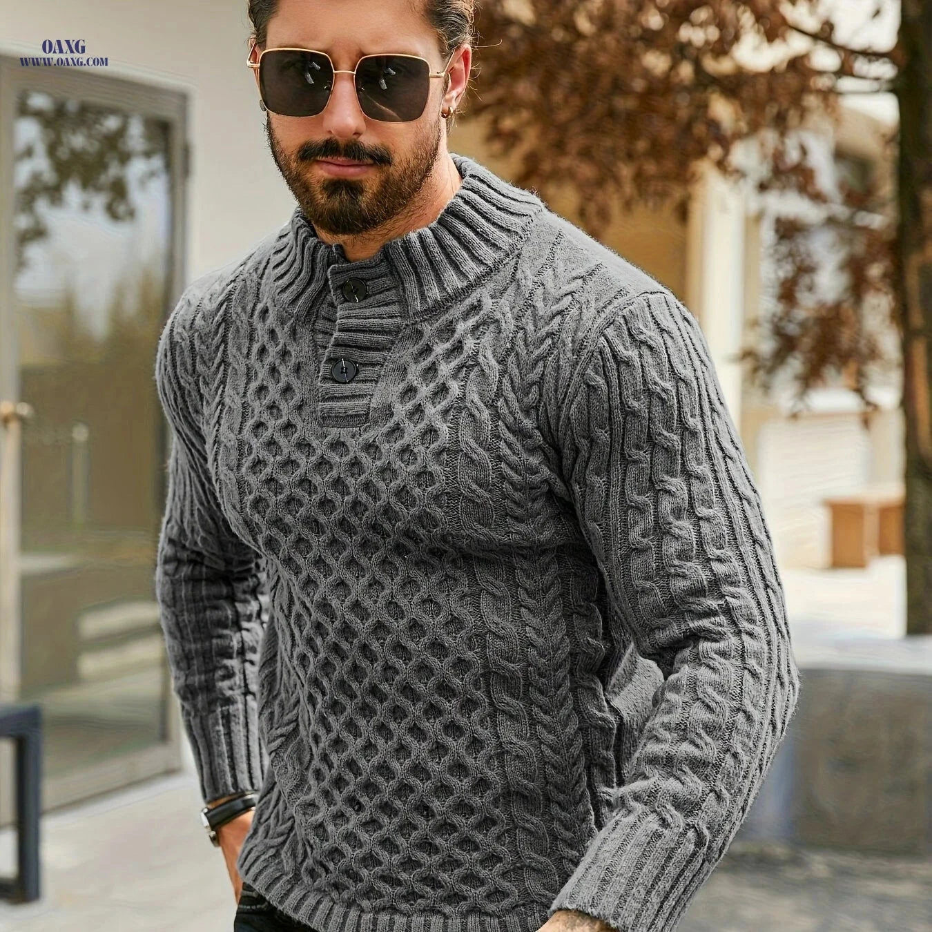 YFOF Men's Thermal Cable Knit Sweater - Striped Stand Collar Pullover   OAXG 