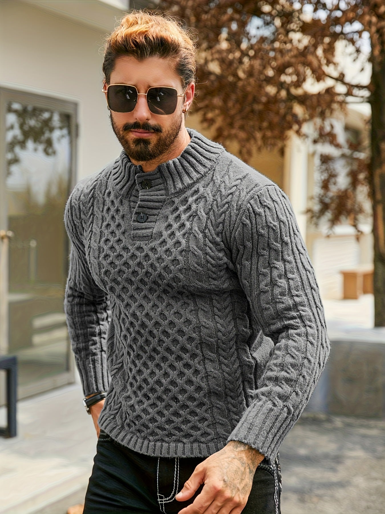 YFOF Men's Thermal Cable Knit Sweater - Striped Stand Collar Pullover   OAXG 
