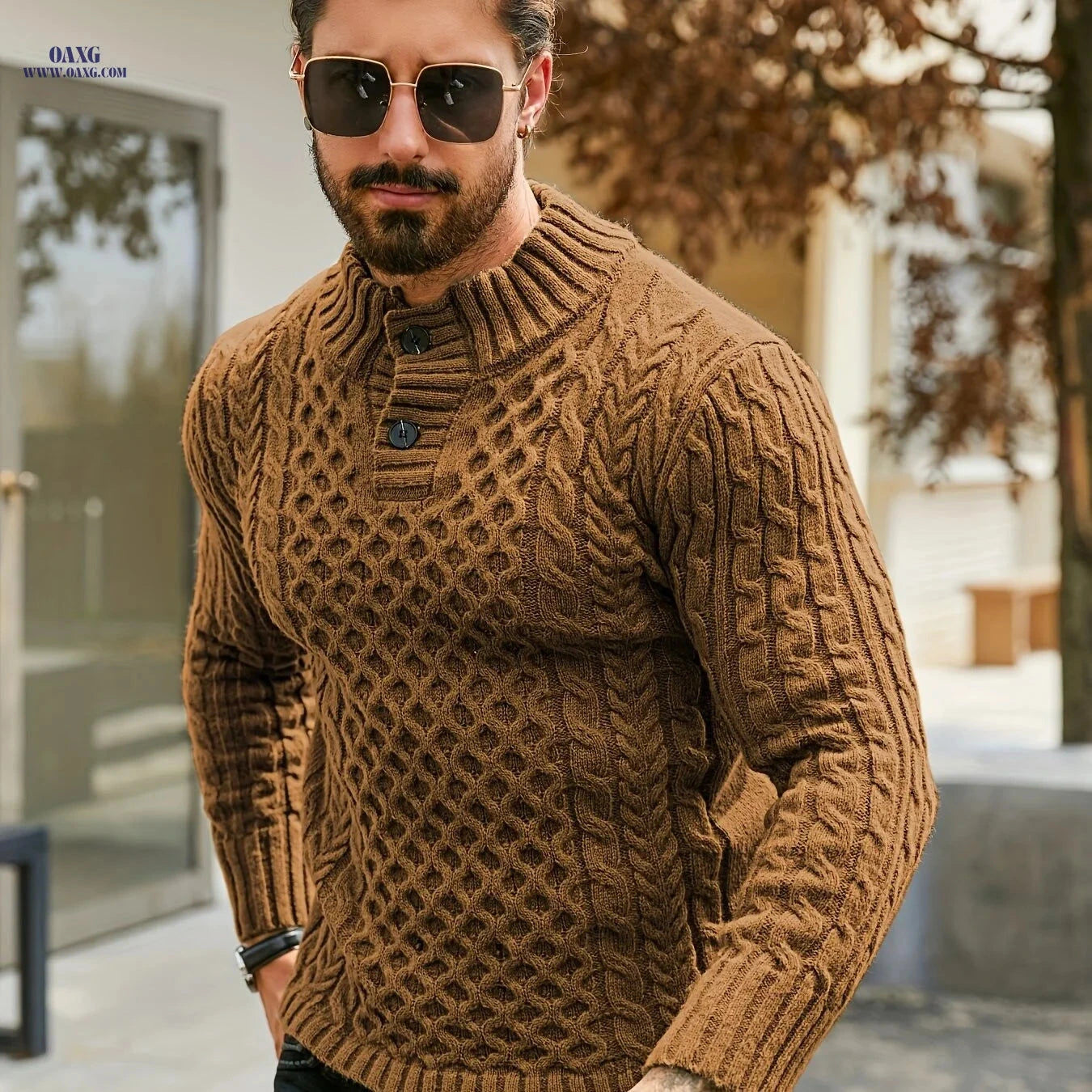 YFOF Men's Thermal Cable Knit Sweater - Striped Stand Collar Pullover   OAXG 