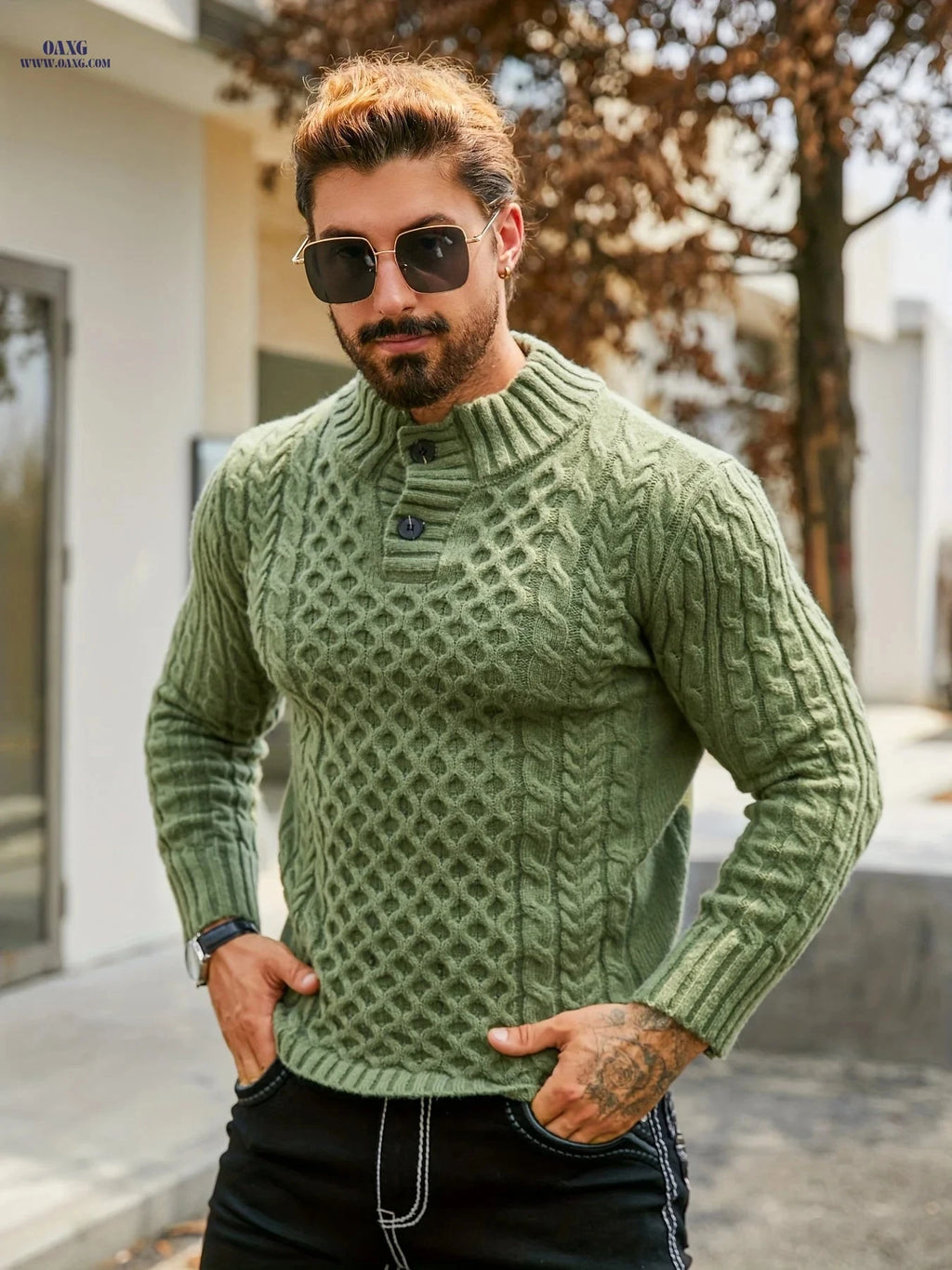 YFOF Men's Thermal Striped Knit Sweater - Casual Stand Collar Design   OAXG 