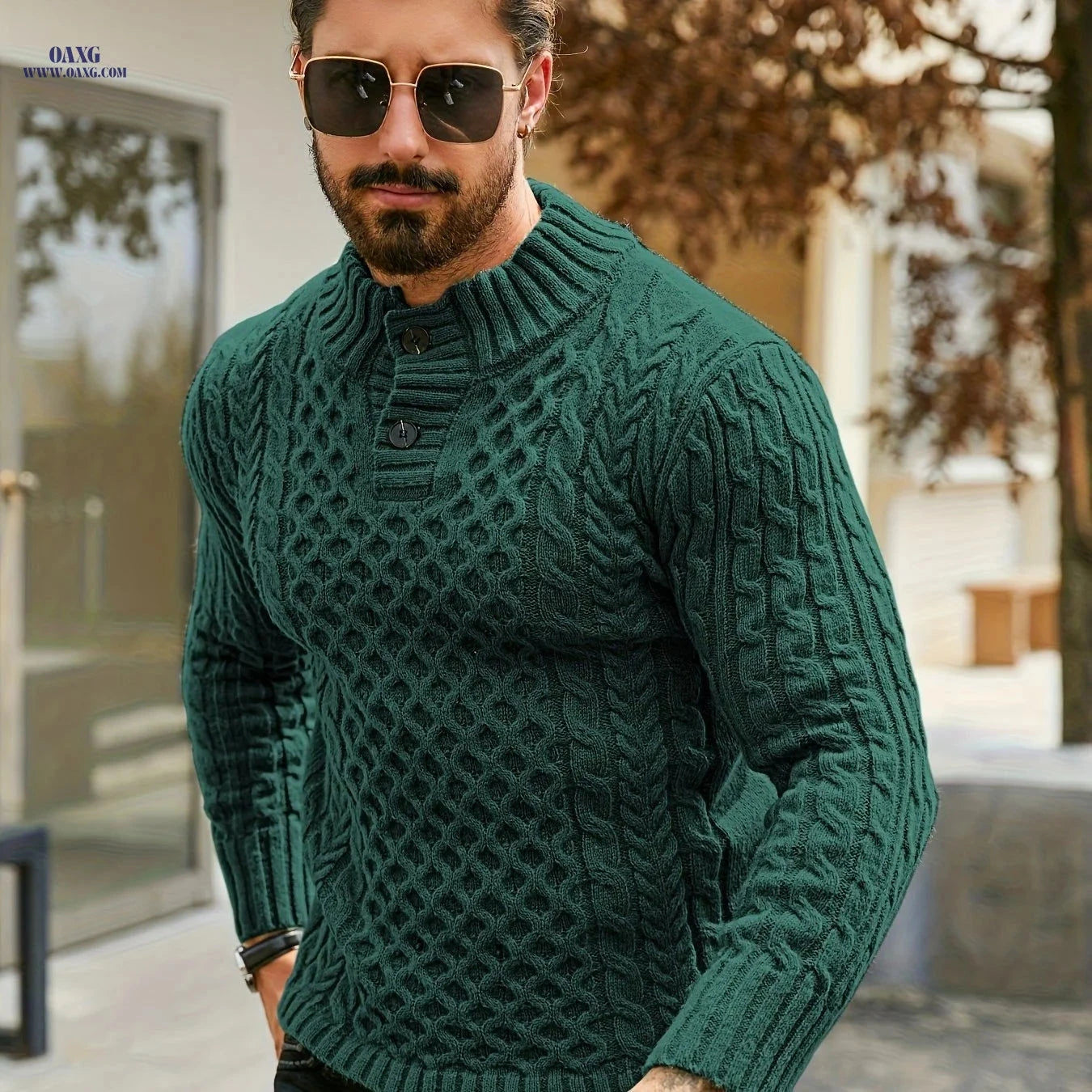 YFOF Men's Thermal Striped Knit Sweater - Casual Stand Collar Design   OAXG fern green / FR S