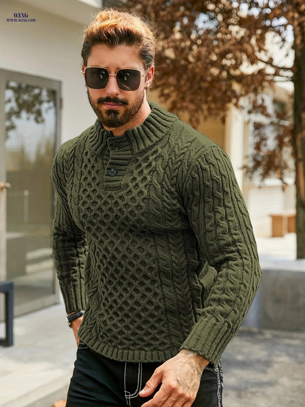 YFOF Men's Thermal Striped Knit Sweater - Stand Collar Pullover   OAXG 