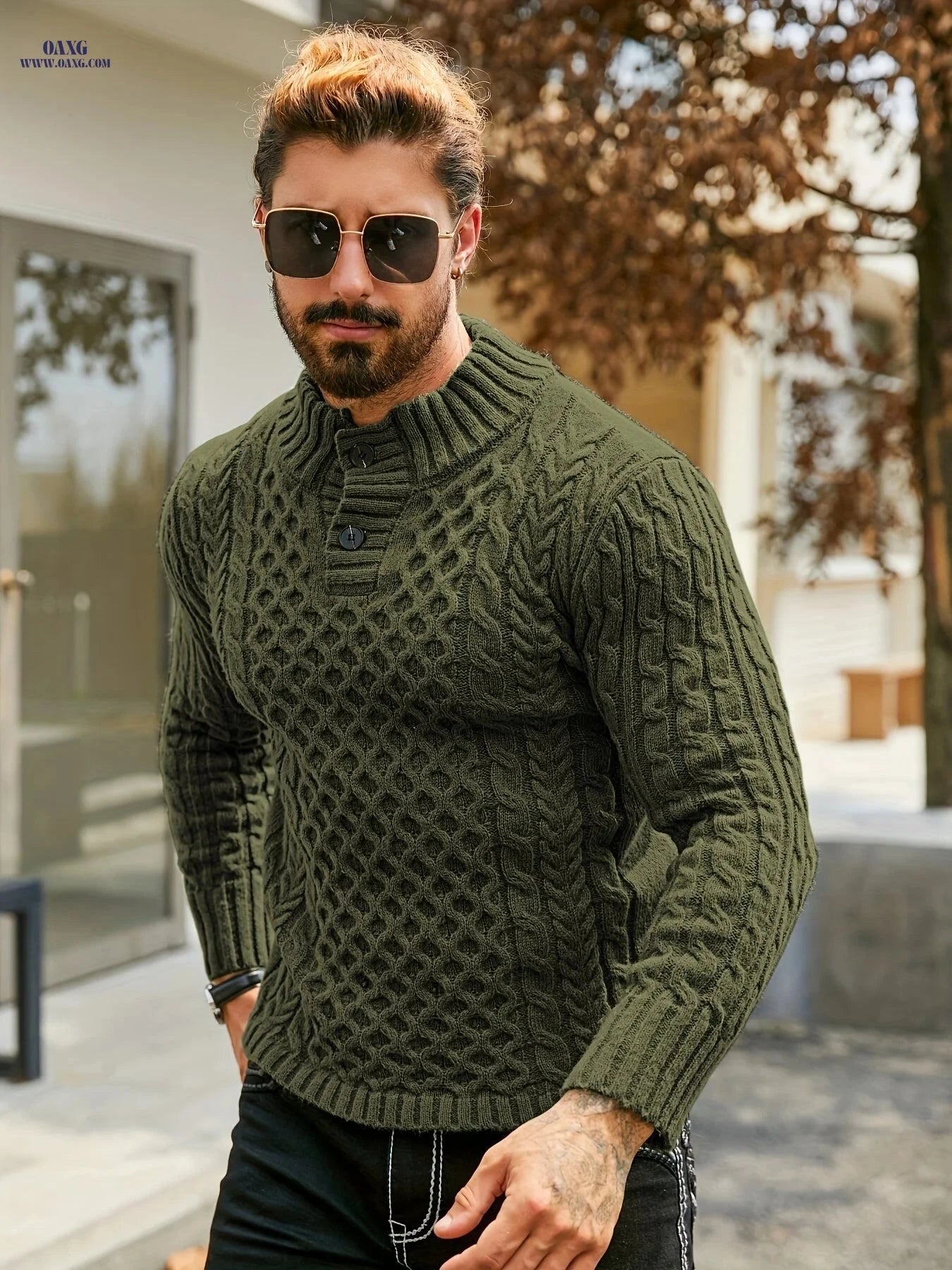 YFOF Men's Thermal Striped Knit Sweater - Stand Collar Pullover   OAXG 
