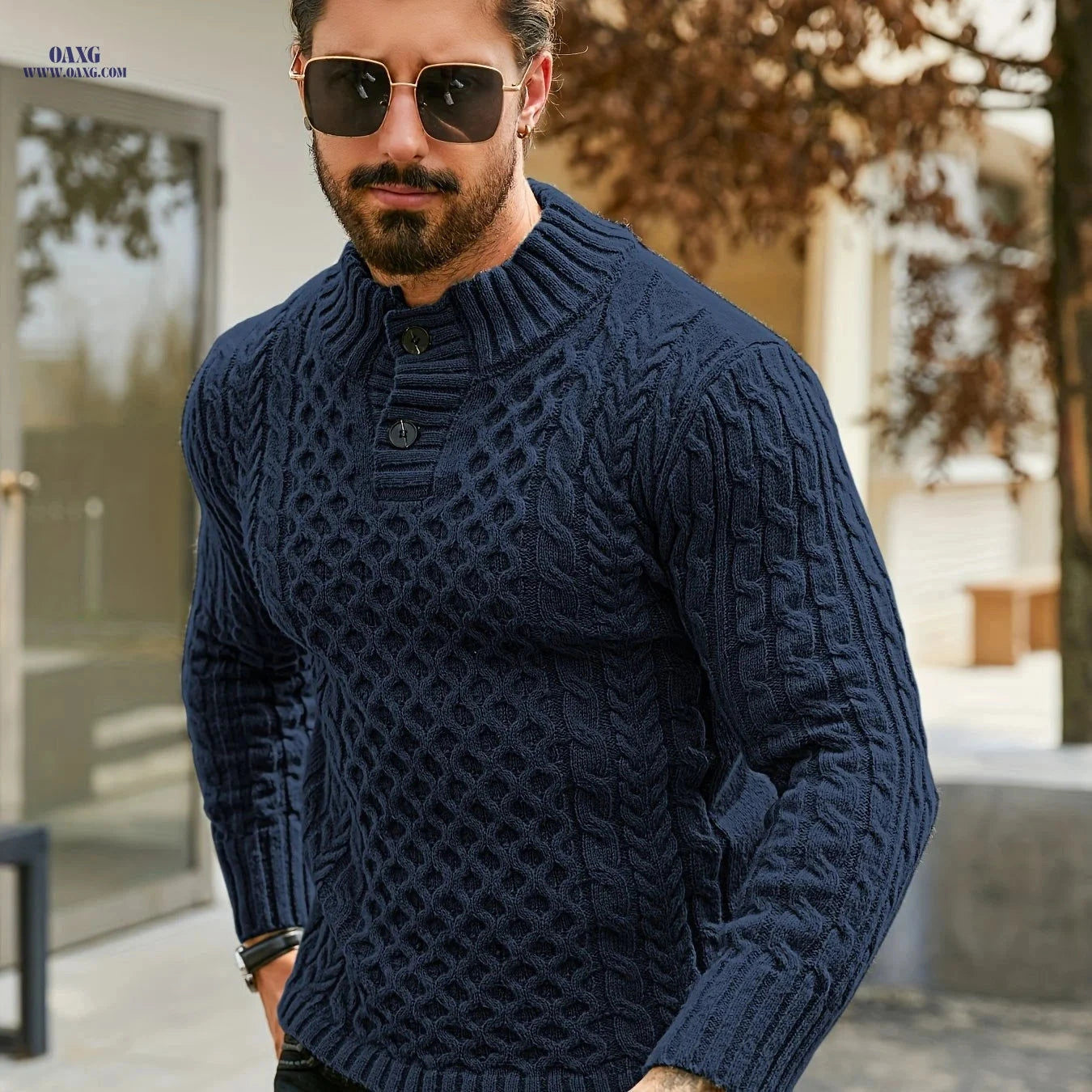 YFOF Men's Thermal Striped Knit Sweater - Stand Collar Pullover   OAXG 