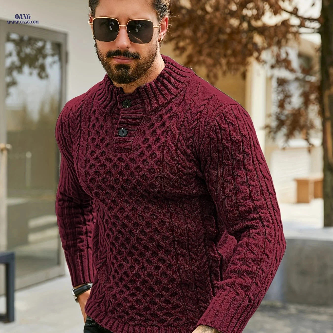 YFOF Men's Thermal Striped Knit Sweater - Stand Collar Pullover   OAXG fern green / FR S