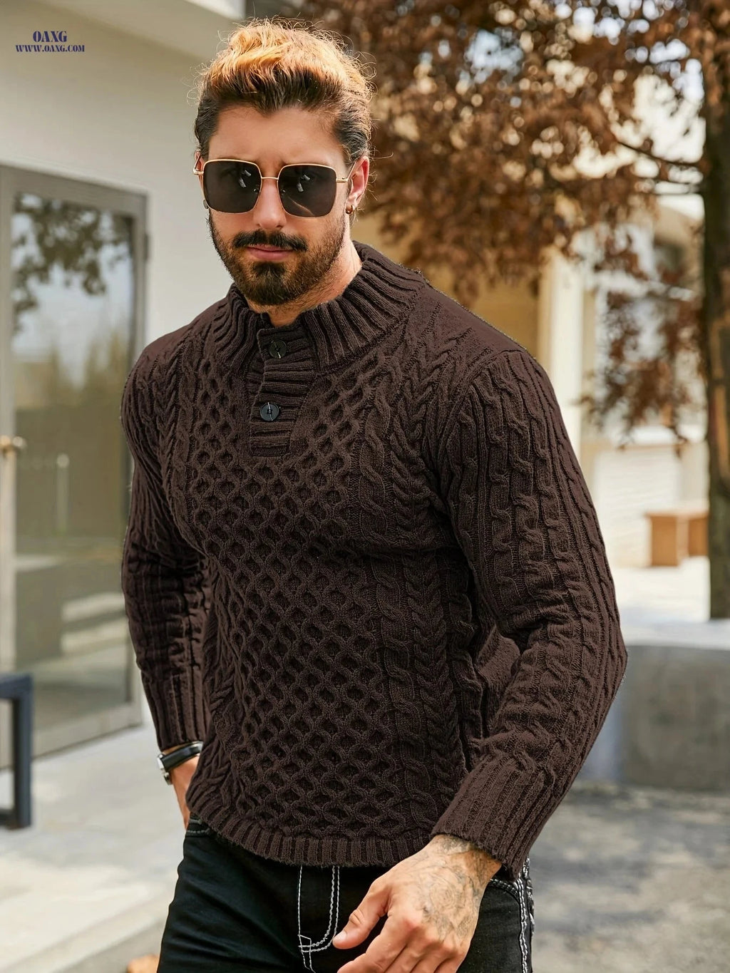 YFOF Men's Thermal Striped Knit Sweater - Stand Collar Pullover   OAXG fern green / FR S