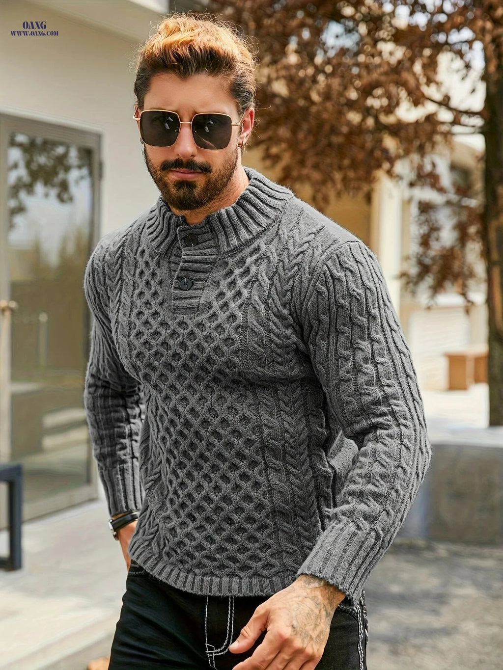YFOF Men's Thermal Striped Knit Sweater - Stand Collar Pullover   OAXG 