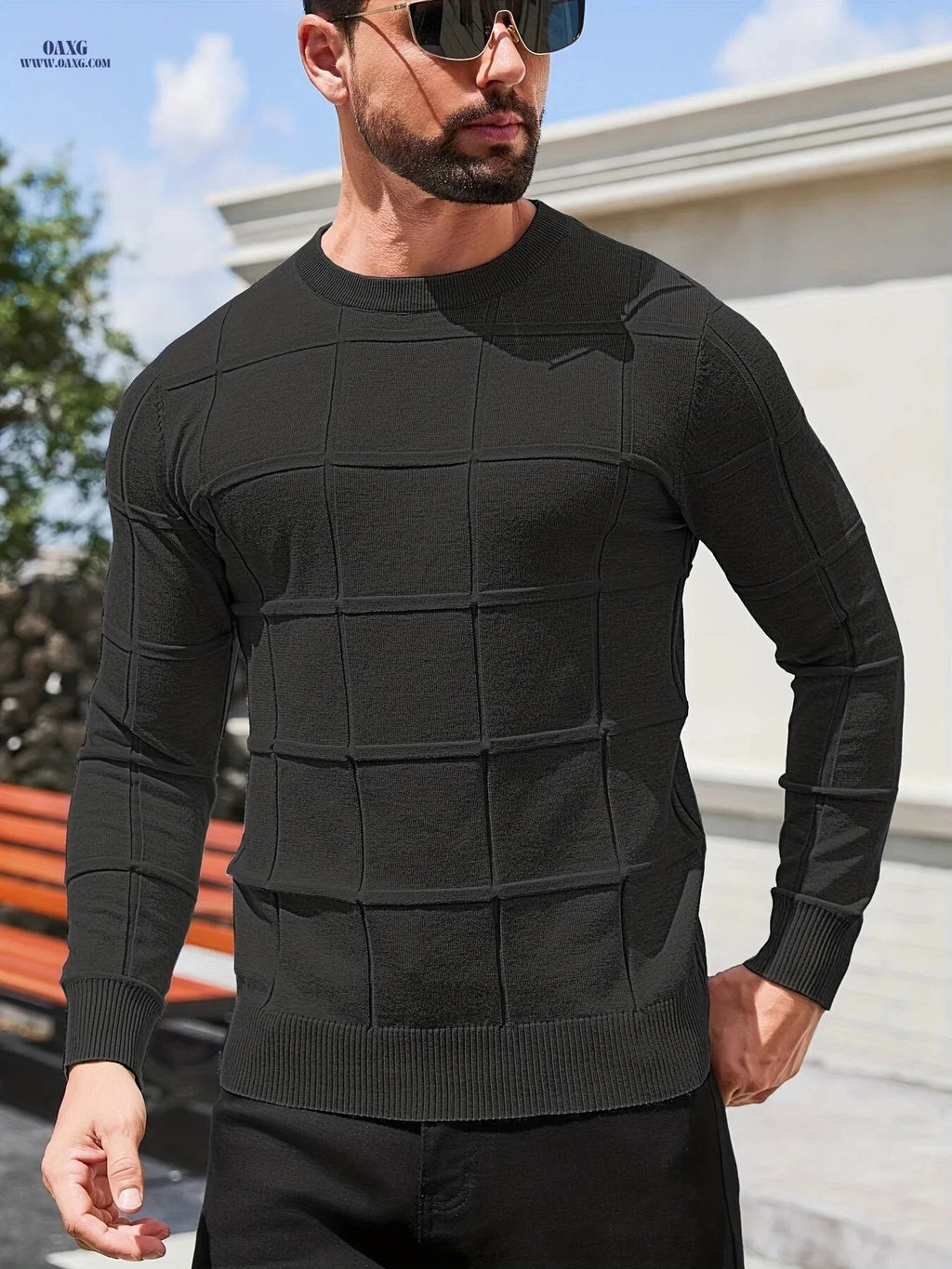 YFOF Men's Vintage Geometric Crew Neck Sweater - Casual Autumn Layer   OAXG 