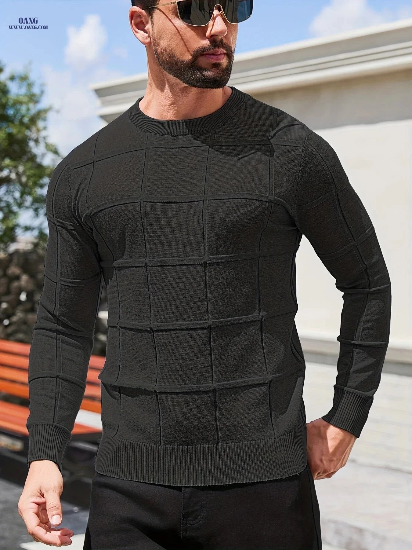 YFOF Men's Vintage Geometric Crew Neck Sweater - Casual Autumn Layer   OAXG 