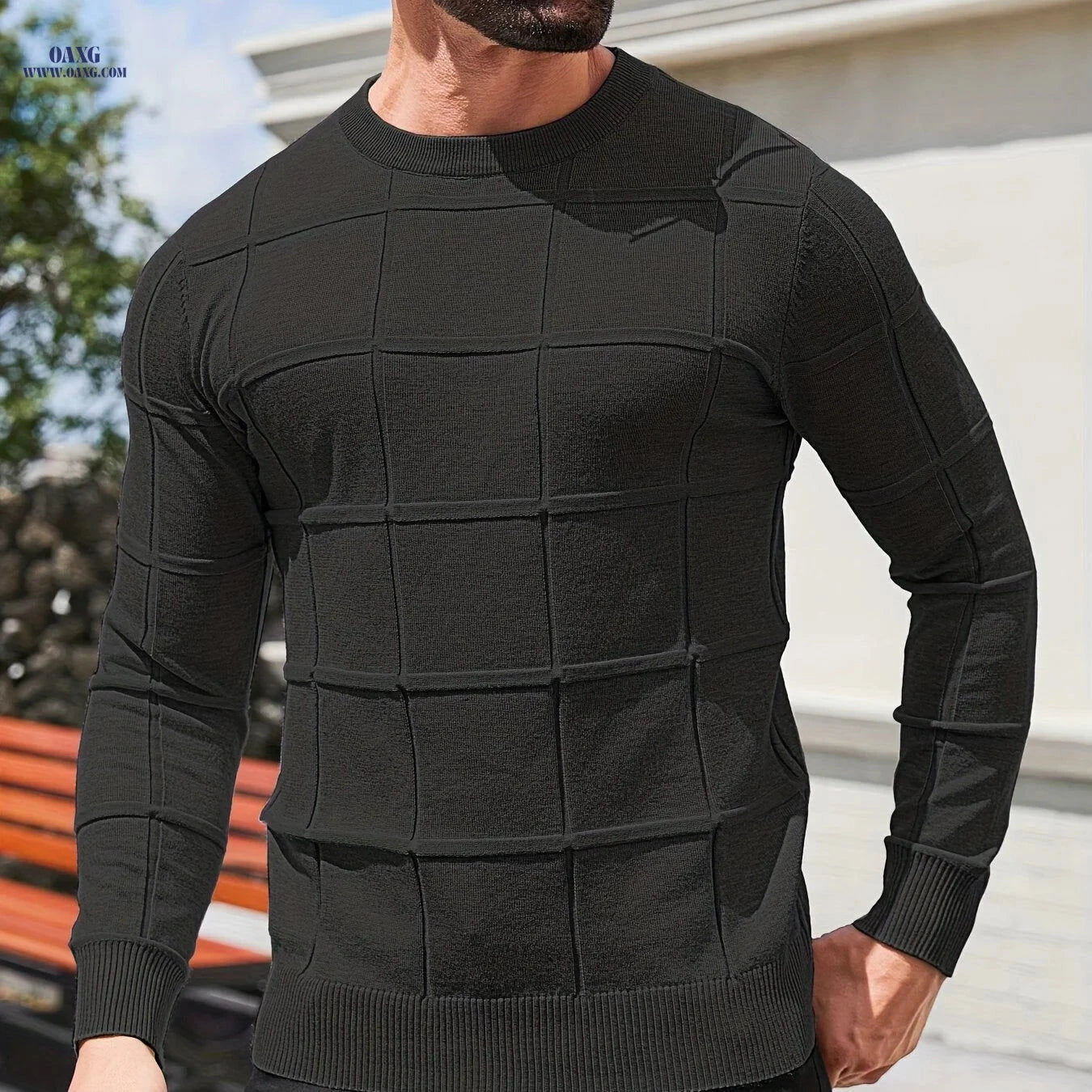 YFOF Men's Vintage Geometric Crew Neck Sweater - Casual Autumn Layer   OAXG 