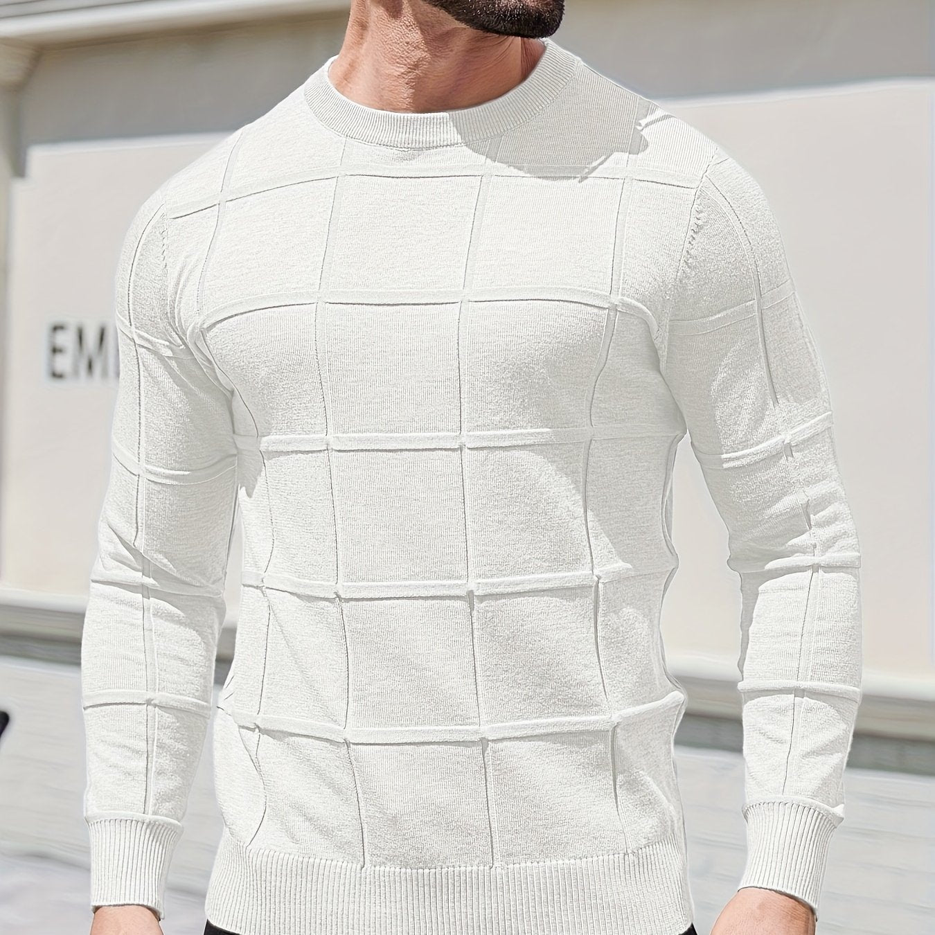YFOF Men's Vintage Geometric Crew Neck Sweater - Casual Autumn Layer   OAXG 