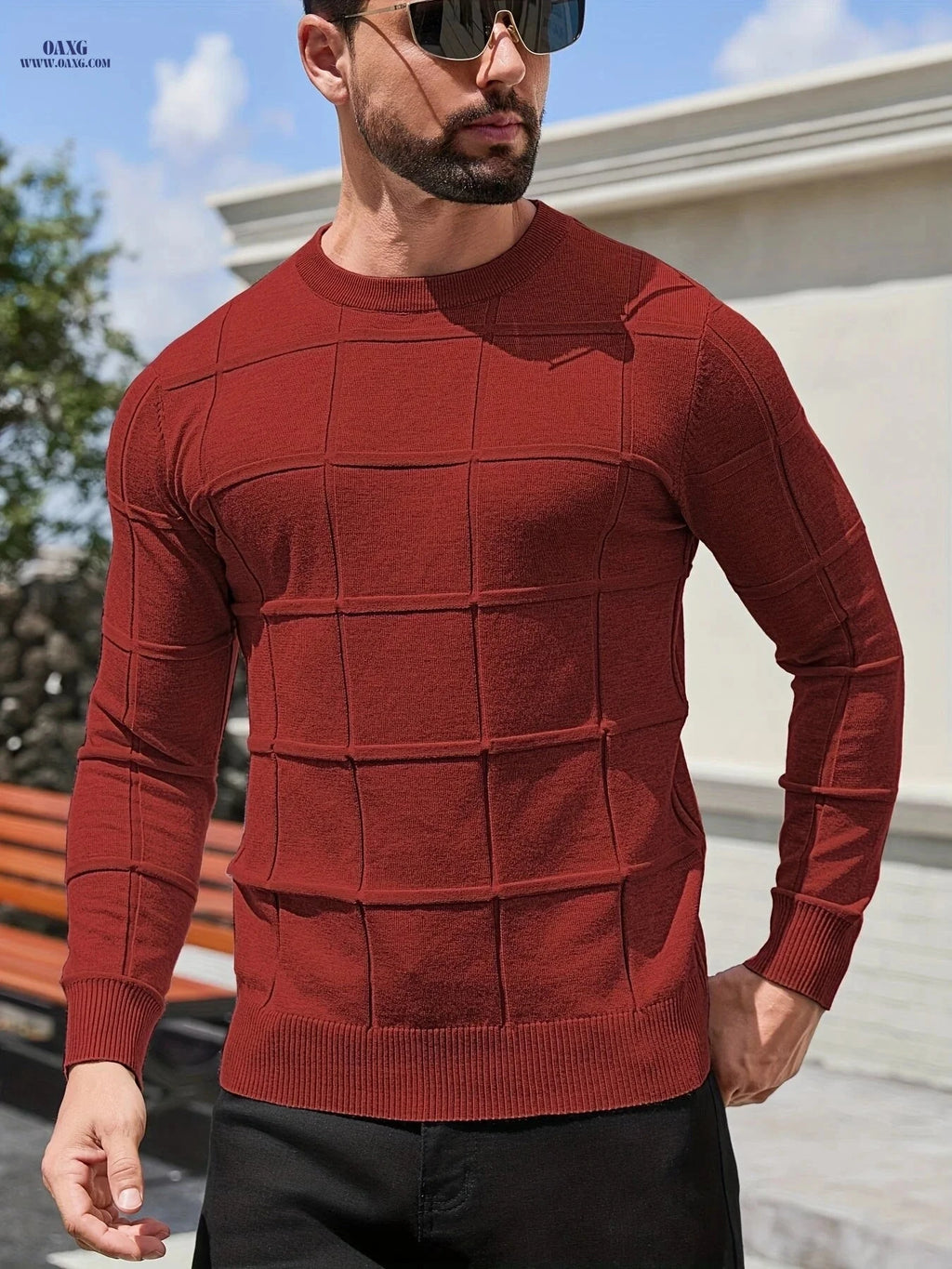 YFOF Men's Vintage Geometric Crew Neck Sweater - Casual Autumn Layer   OAXG 
