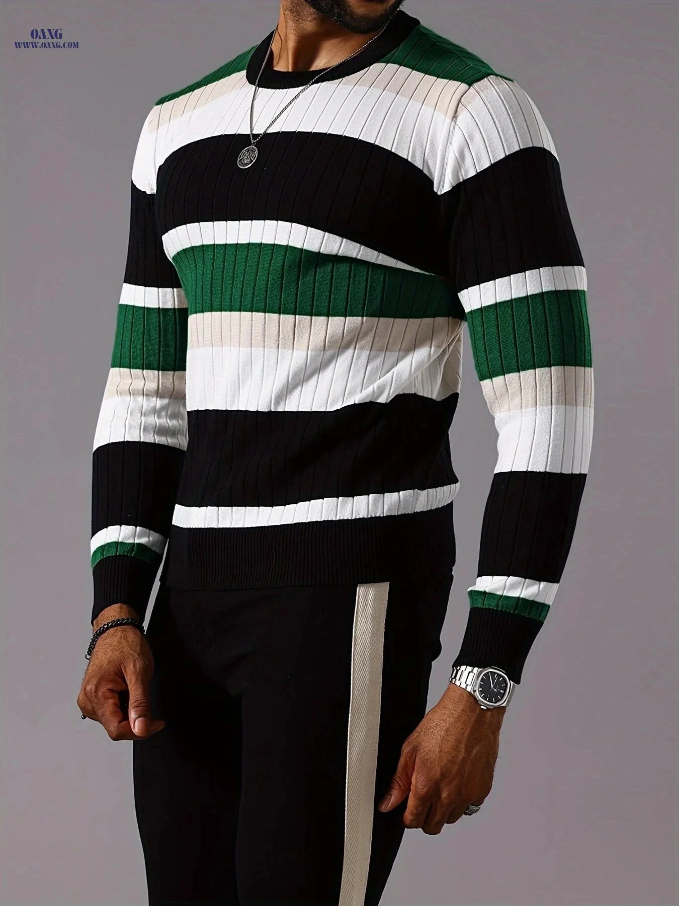 YFOF Striped Color-Blocked Pullover Sweater - Casual Knit for Fall   OAXG 