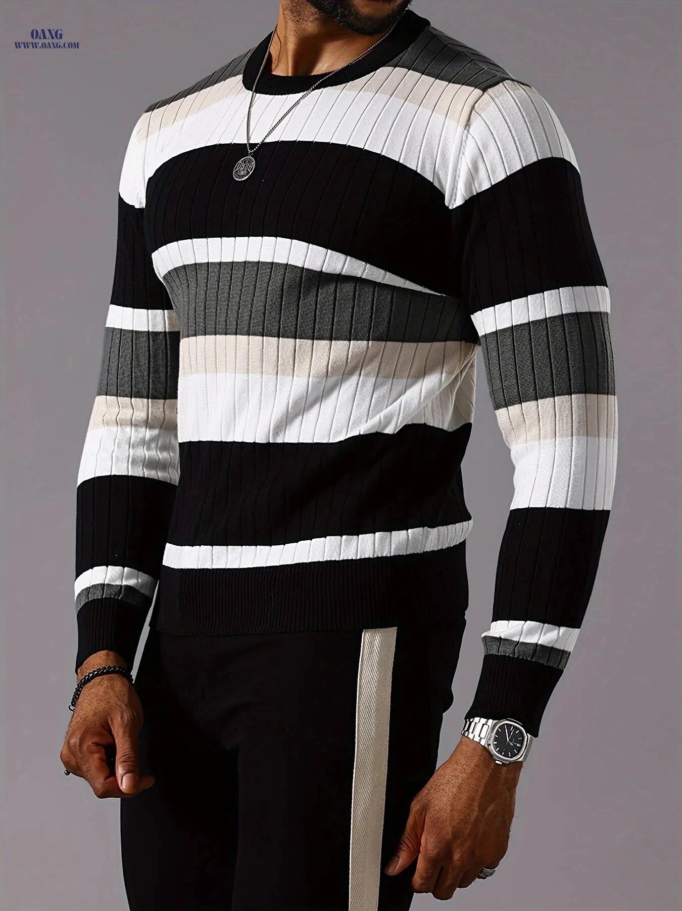 YFOF Striped Color-Blocked Pullover Sweater - Casual Knit for Fall   OAXG 
