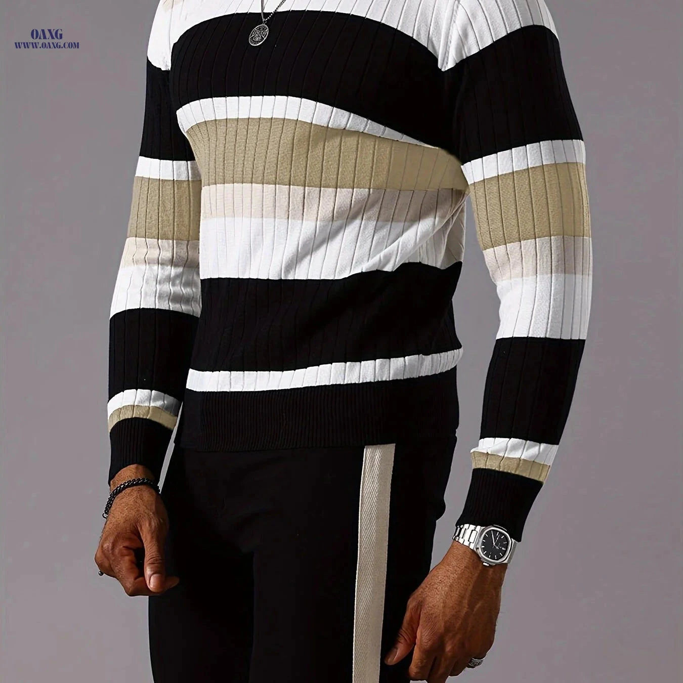 YFOF Striped Color-Blocked Pullover Sweater - Casual Knit for Fall   OAXG 