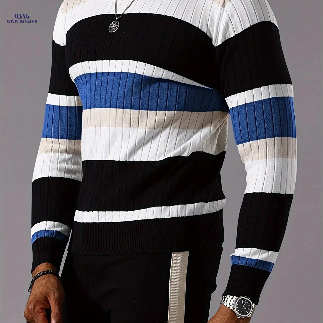 YFOF Striped Color-Blocked Pullover Sweater - Casual Knit for Fall   OAXG 