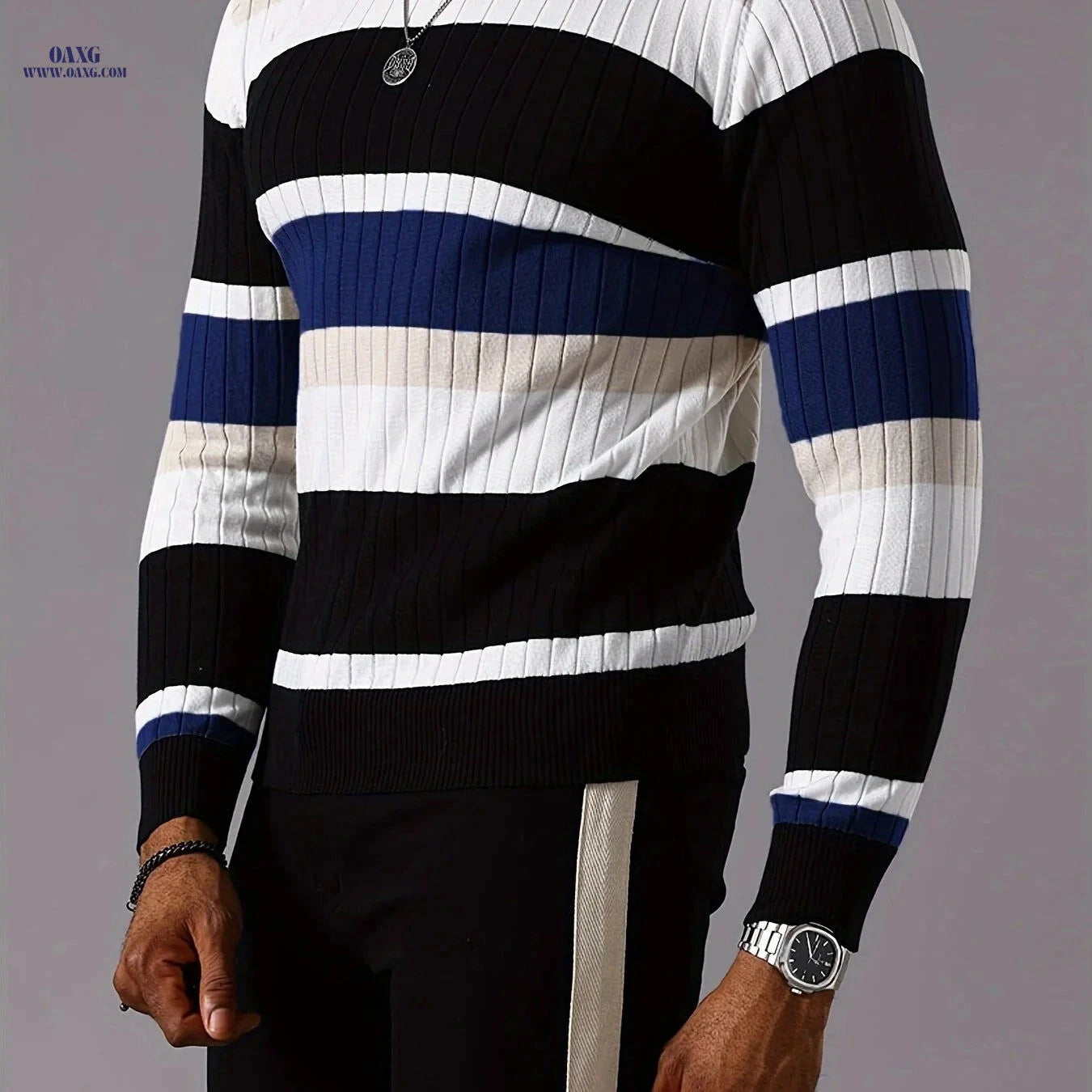 YFOF Striped Color-Blocked Pullover Sweater - Casual Knit for Fall   OAXG 