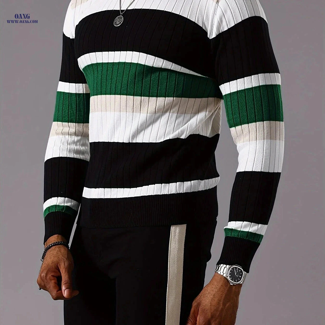 YFOF Striped Color-Blocked Pullover Sweater - Casual Knit for Fall   OAXG 