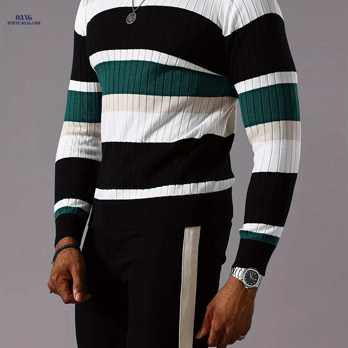 YFOF Striped Color-Blocked Pullover Sweater - Casual Knit for Fall   OAXG 
