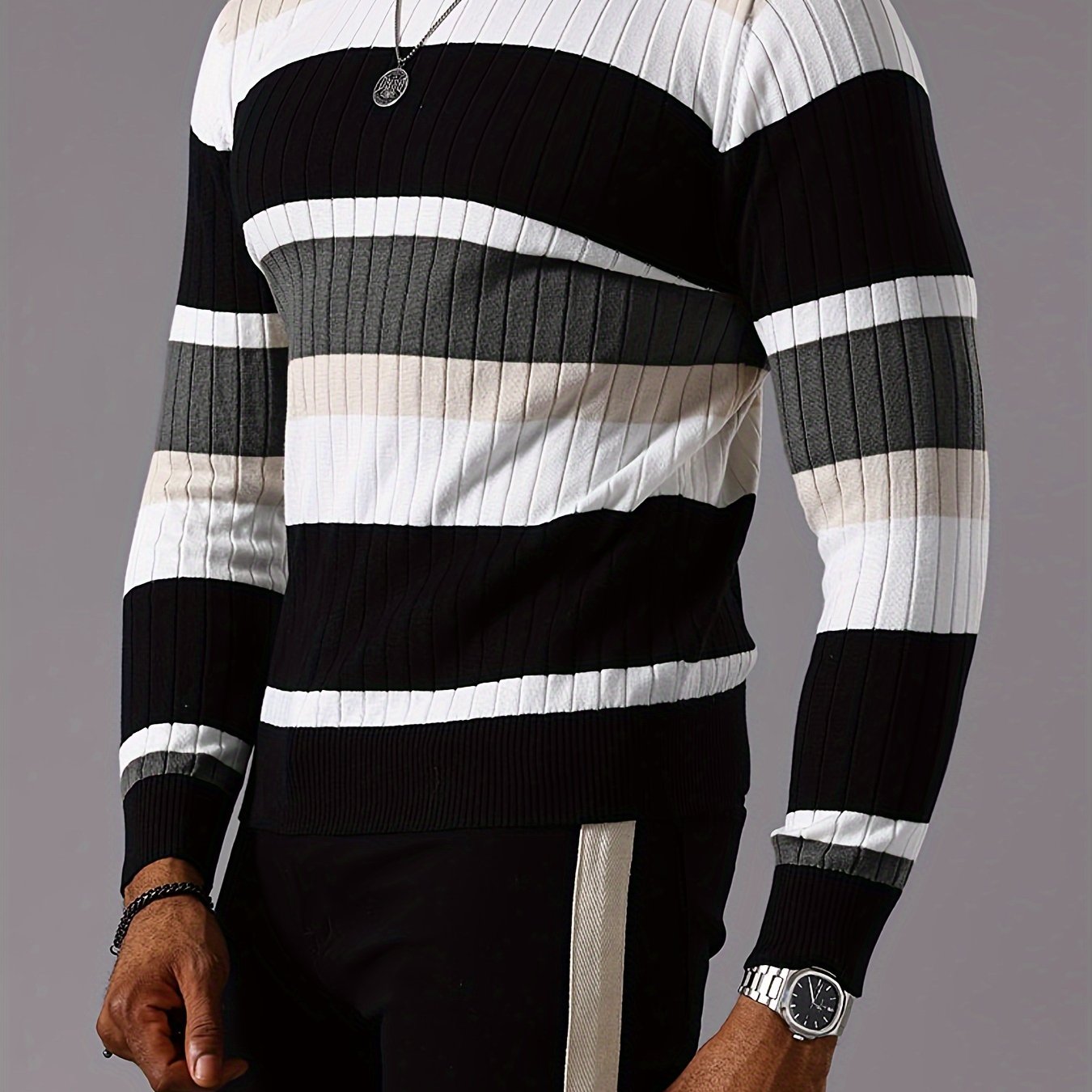 YFOF Striped Color-Blocked Pullover Sweater - Casual Knit for Fall   OAXG 