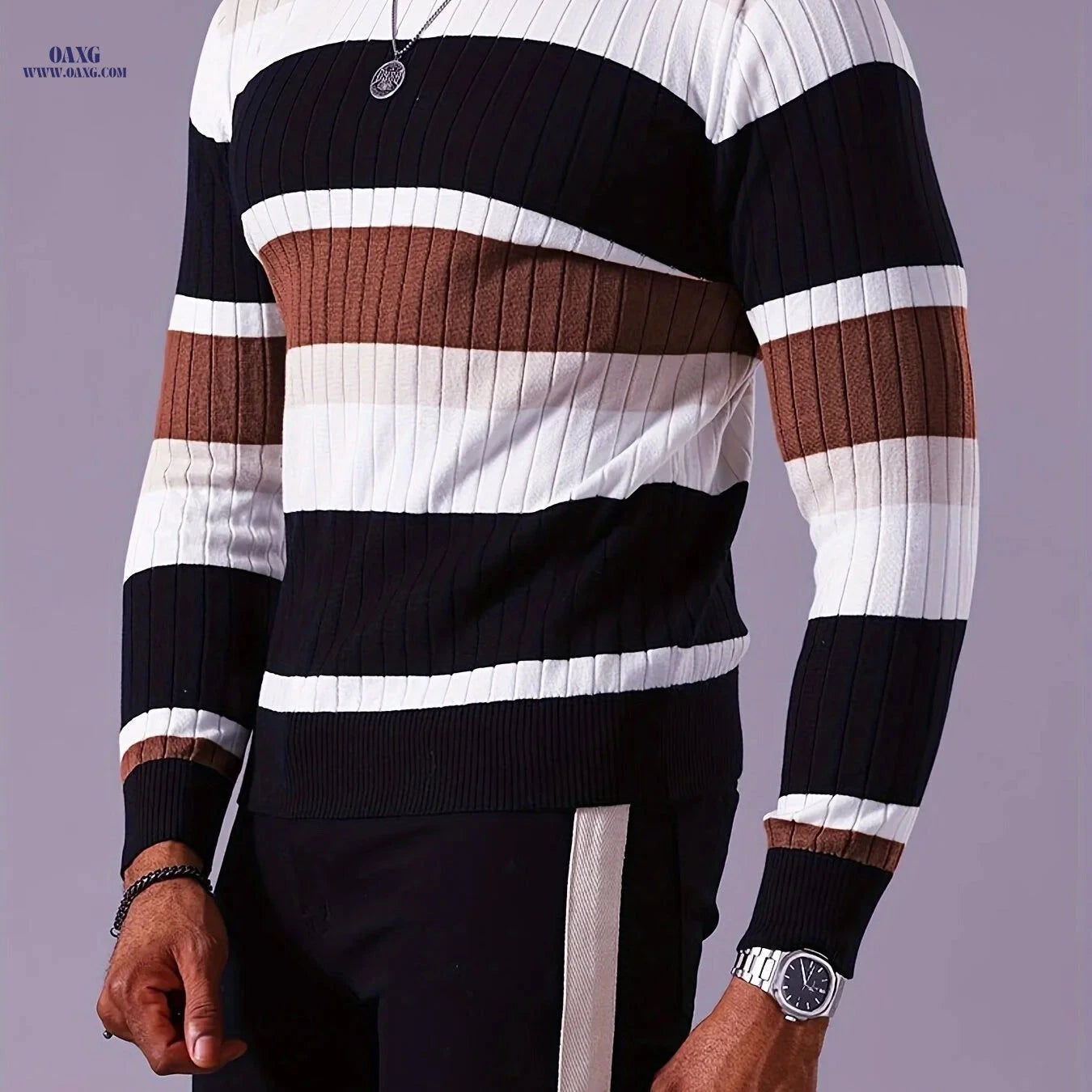 YFOF Striped Color-Blocked Pullover Sweater - Casual Knit for Fall   OAXG 