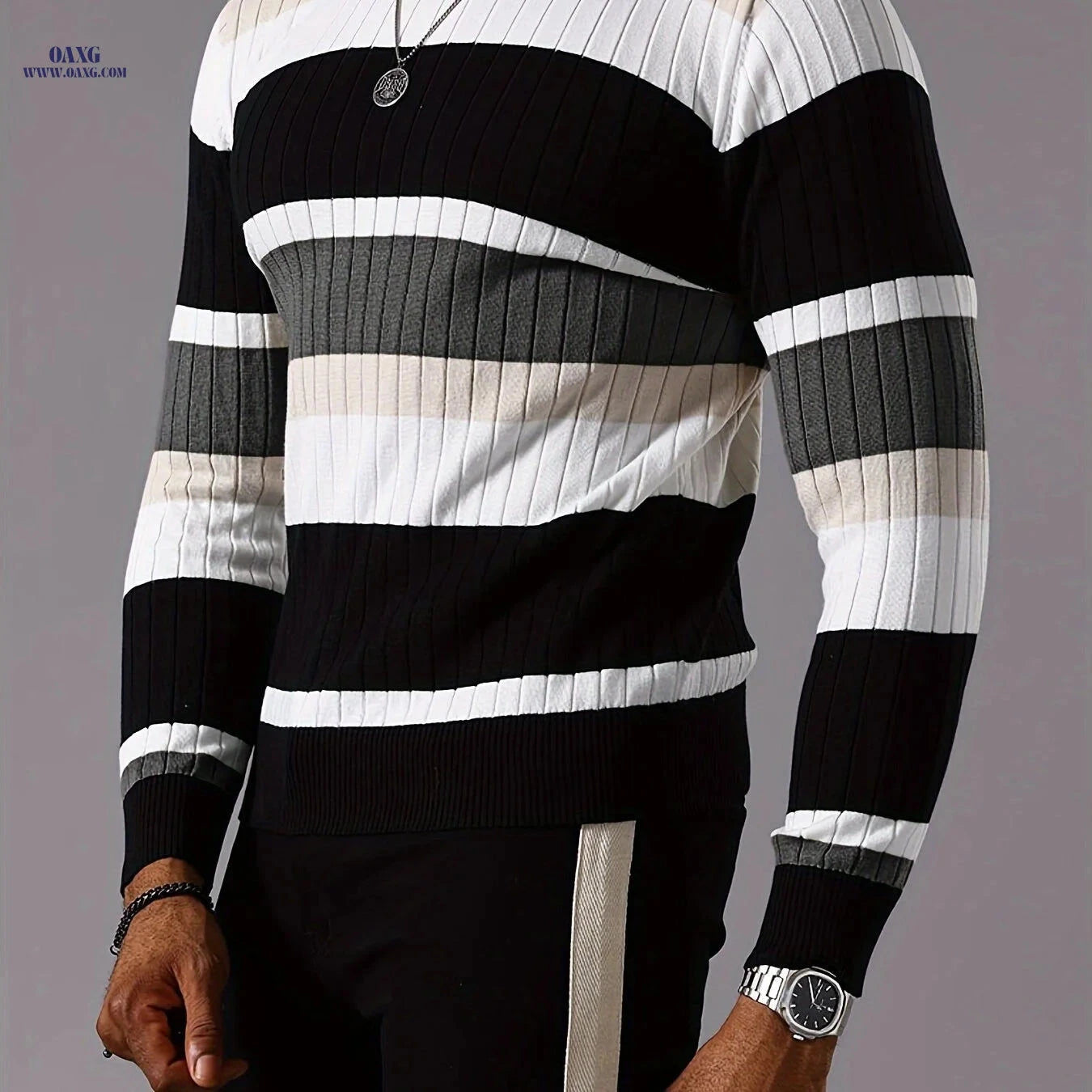 YFOF Striped Color-Blocked Pullover Sweater - Casual Knit for Fall   OAXG 