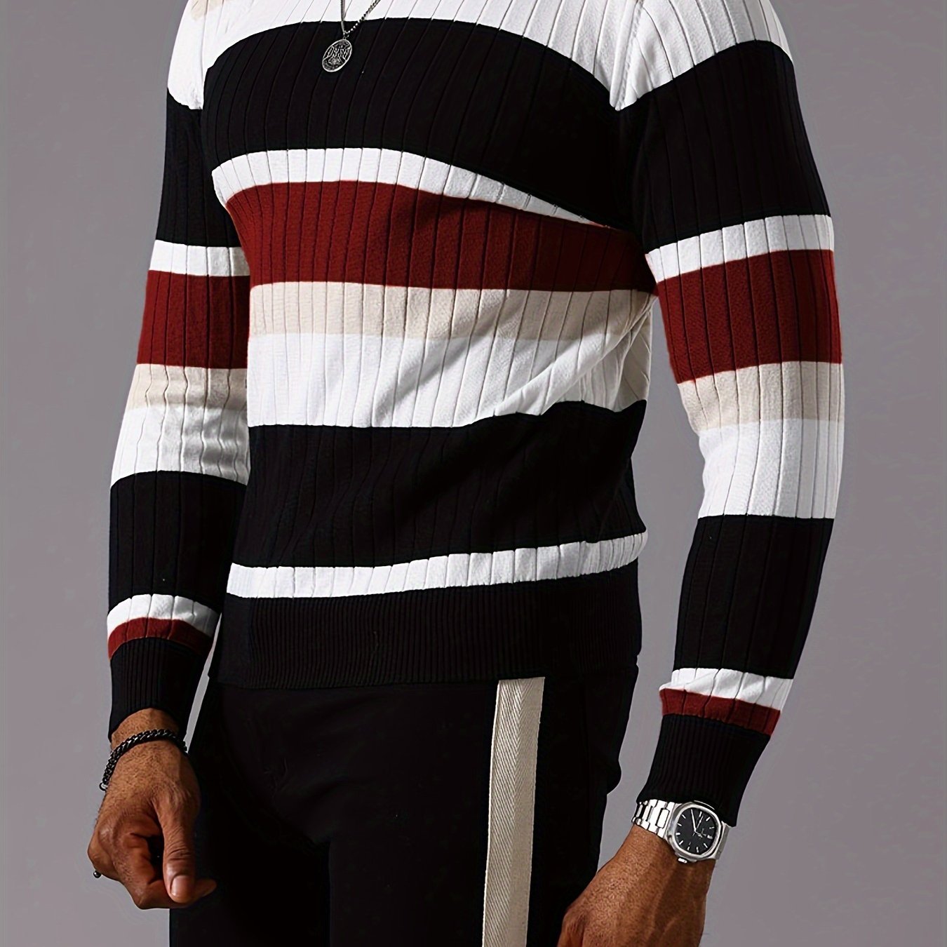 YFOF Striped Ribbed Knit Pullover Sweater - Casual Long Sleeve   OAXG 