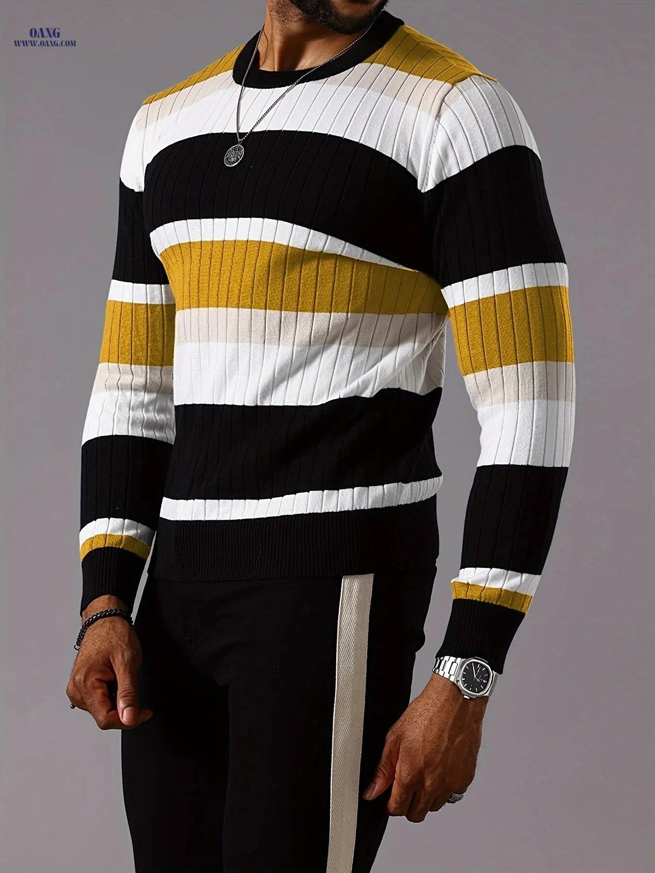 YFOF Striped Ribbed Knit Pullover Sweater - Casual Long Sleeve   OAXG 