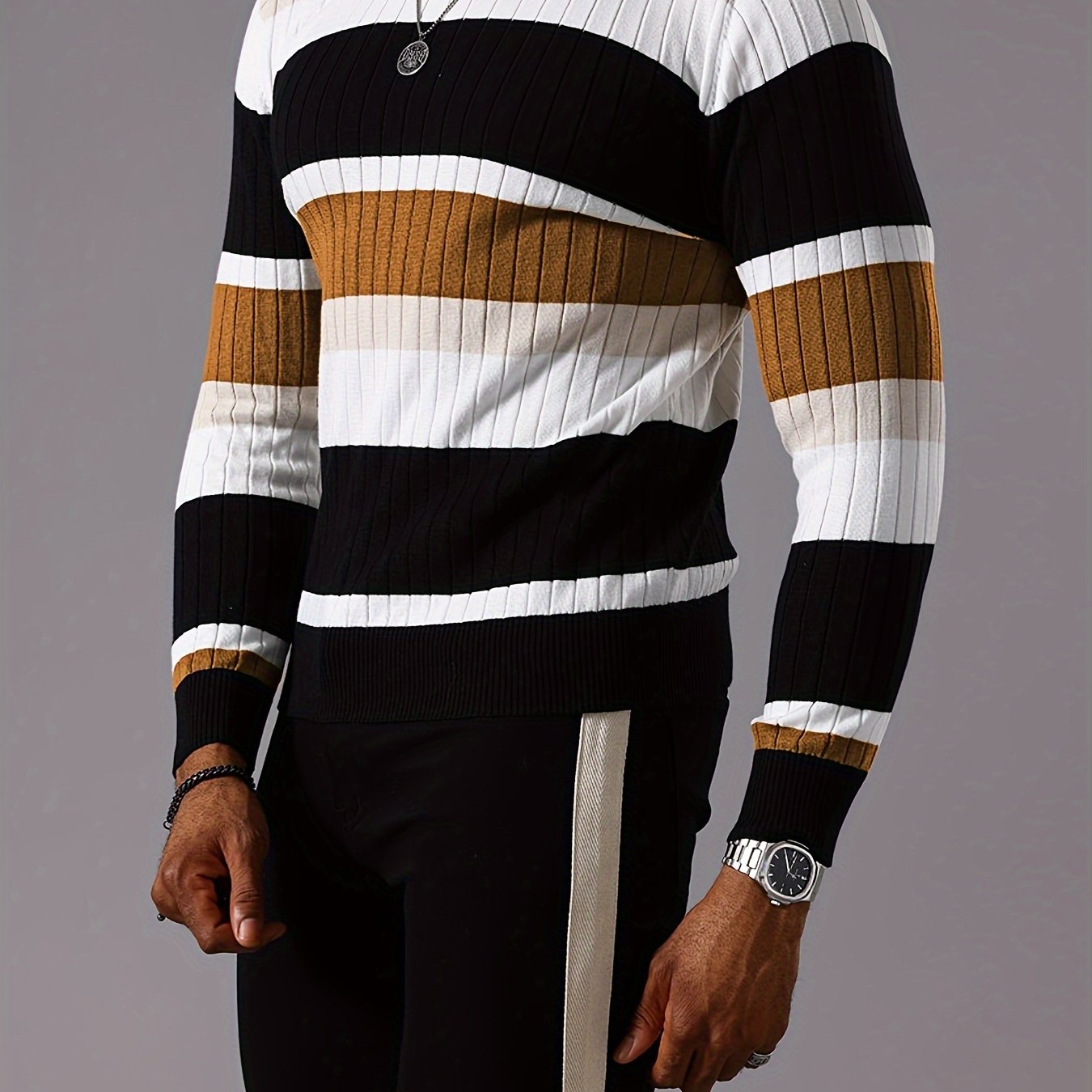 YFOF Striped Ribbed Knit Pullover Sweater - Casual Long Sleeve   OAXG 