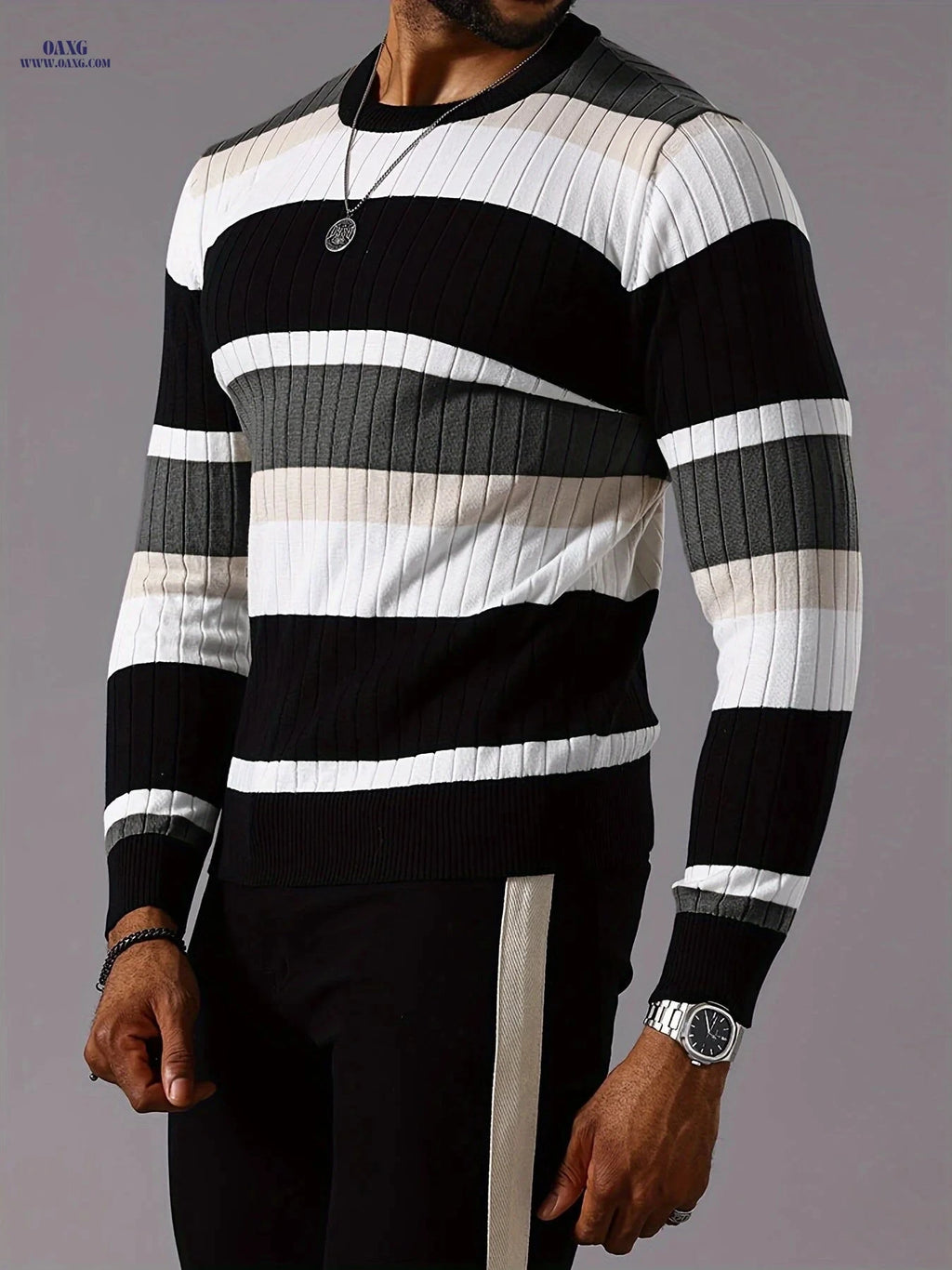 YFOF Striped Ribbed Knit Pullover Sweater - Casual Long Sleeve   OAXG 