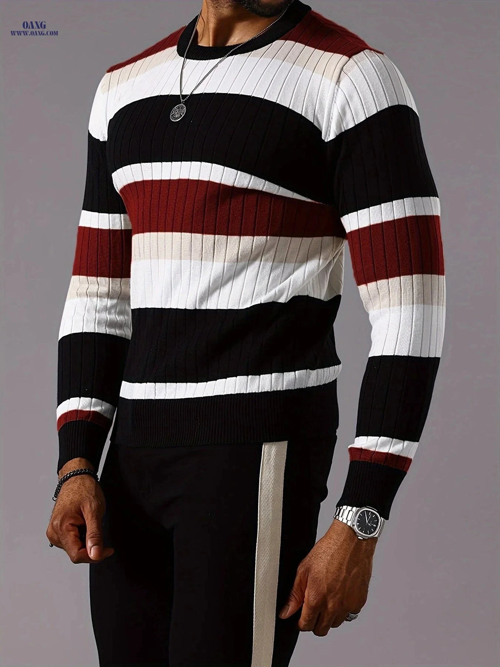 YFOF Striped Ribbed Knit Pullover Sweater - Casual Long Sleeve   OAXG 