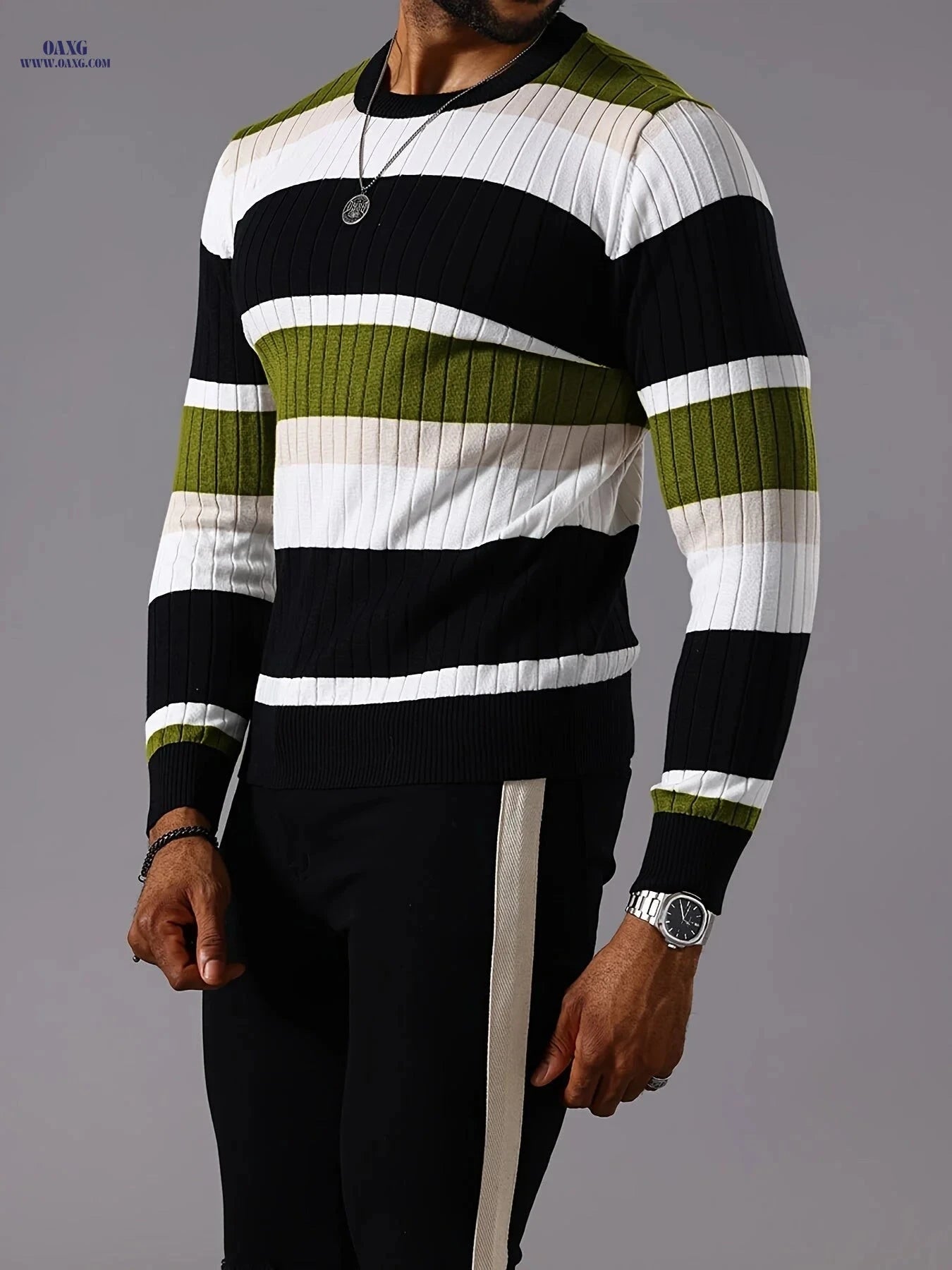 YFOF Striped Ribbed Knit Pullover Sweater - Casual Long Sleeve   OAXG 
