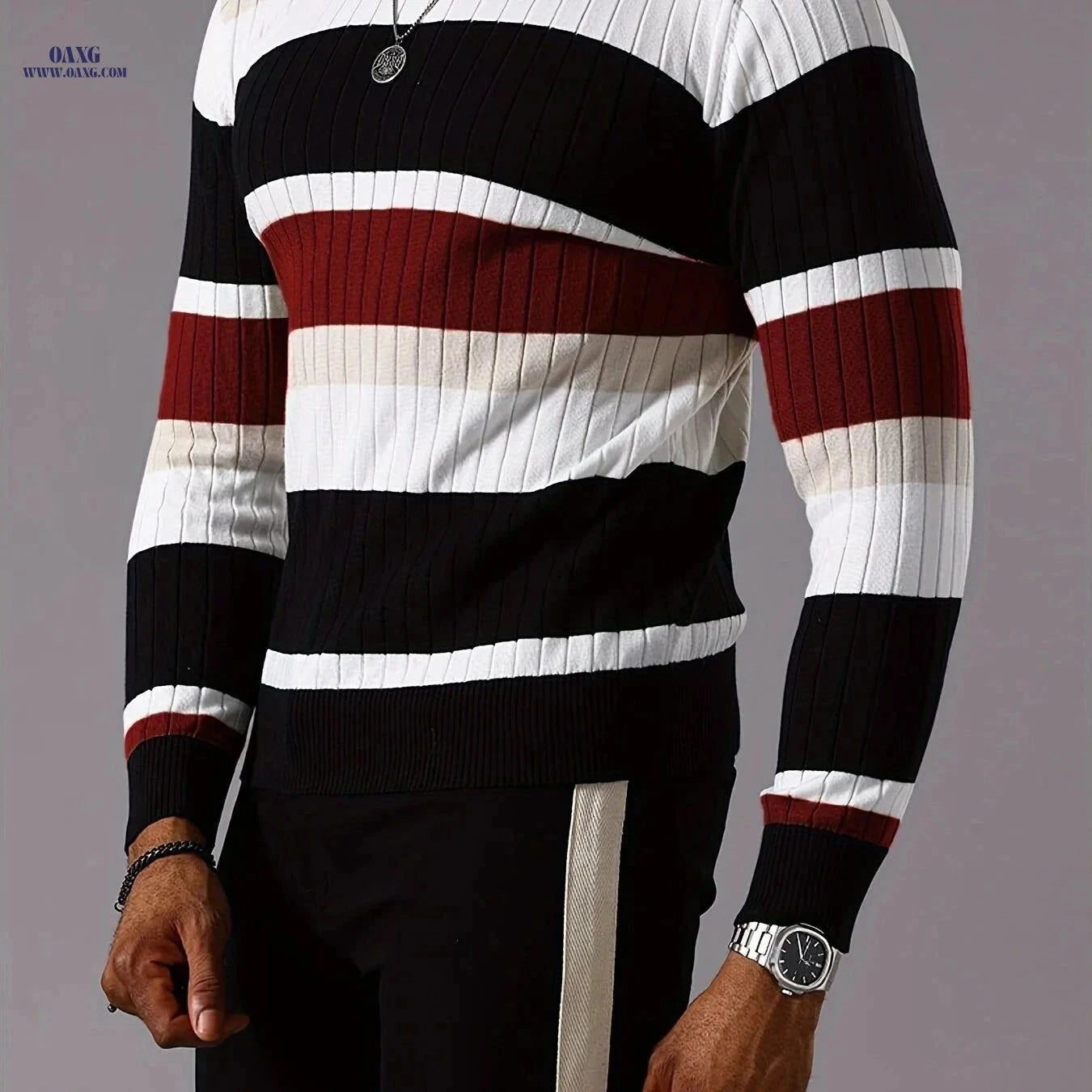 YFOF Striped Ribbed Knit Pullover Sweater - Casual Long Sleeve   OAXG Mixed colors / FR S