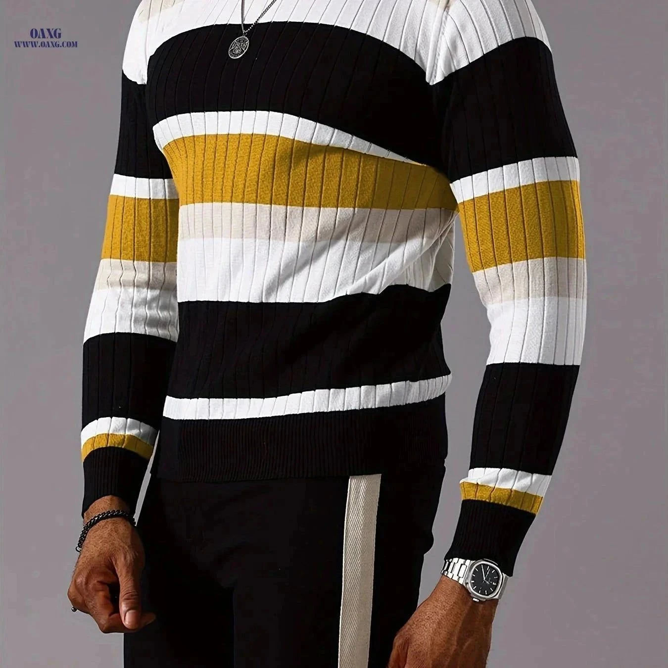 YFOF Striped Ribbed Knit Pullover Sweater - Casual Long Sleeve   OAXG Mixed colors / FR S