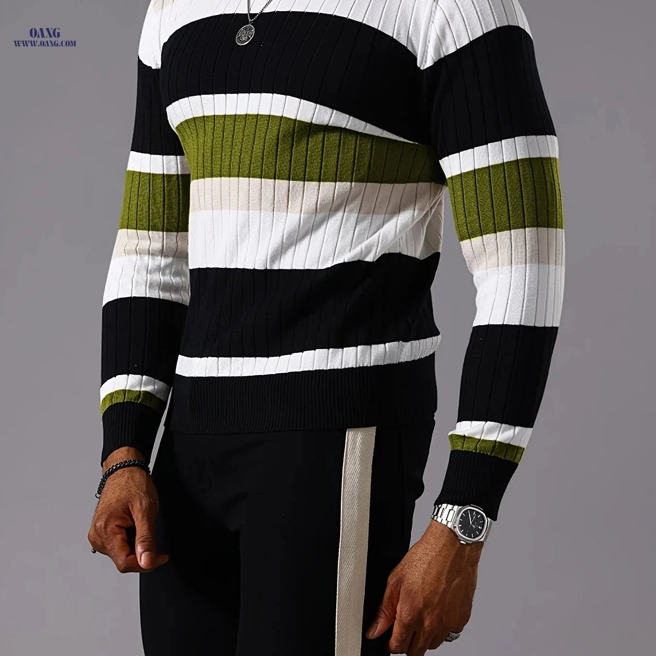 YFOF Striped Ribbed Knit Pullover Sweater - Casual Long Sleeve   OAXG 