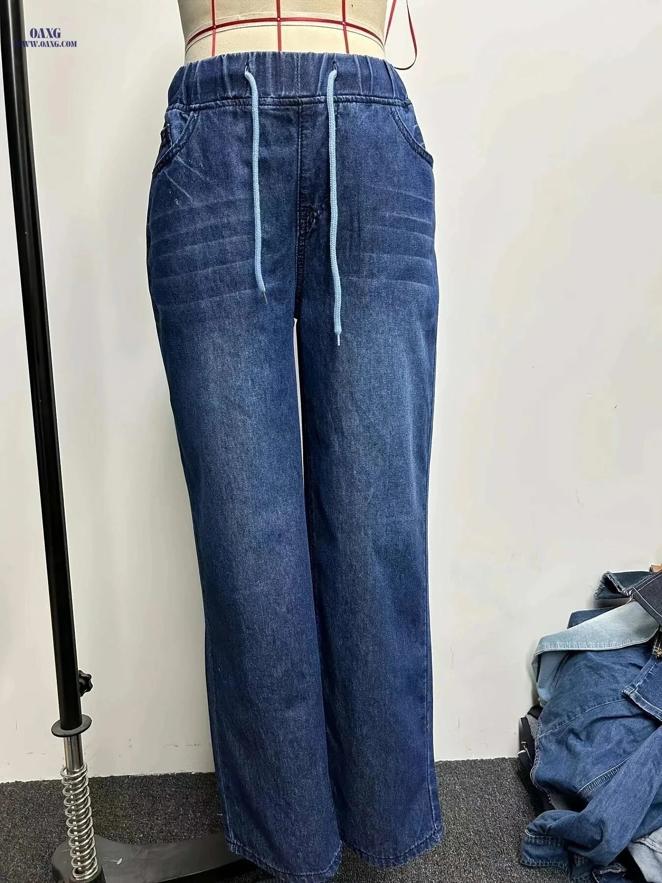 YIWEIDI Lightweight Denim Jeans - Casual Wide Leg, Elastic Drawstring   OAXG Blue / S