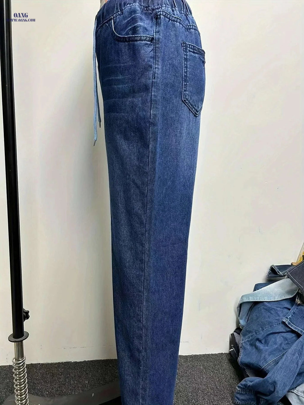 YIWEIDI Lightweight Denim Jeans - Casual Wide Leg, Elastic Drawstring   OAXG Blue / S