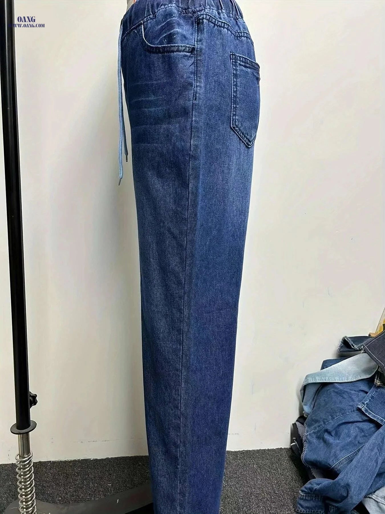 YIWEIDI Lightweight Denim Jeans - Casual Wide Leg, Elastic Drawstring   OAXG Blue / S