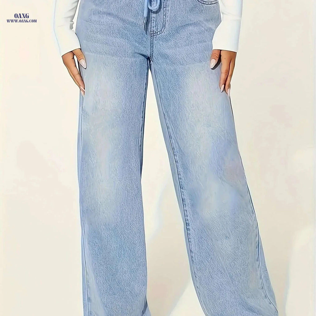 YIWEIDI Lightweight Denim Jeans - Casual Wide Leg, Elastic Drawstring   OAXG Blue / S