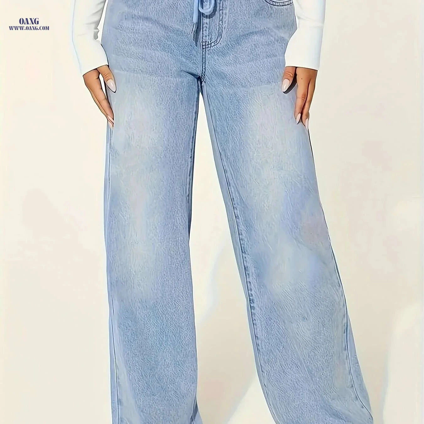 YIWEIDI Lightweight Denim Jeans - Casual Wide Leg, Elastic Drawstring   OAXG Blue / S