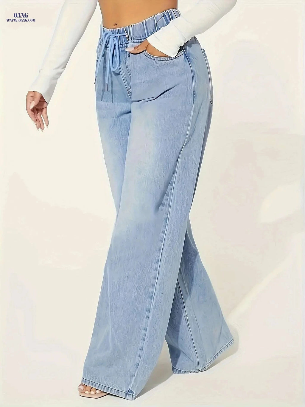 YIWEIDI Lightweight Denim Jeans - Casual Wide Leg, Elastic Drawstring   OAXG 