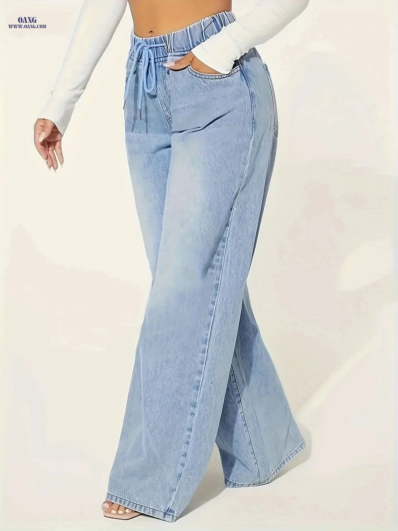 YIWEIDI Lightweight Denim Jeans - Casual Wide Leg, Elastic Drawstring   OAXG 