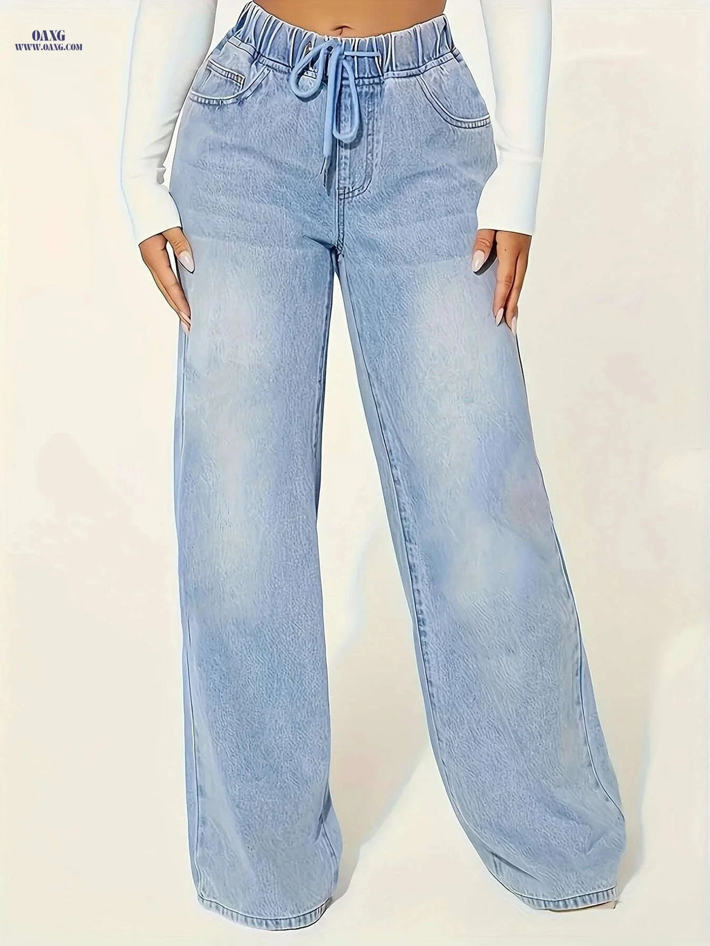 YIWEIDI Lightweight Denim Jeans - Casual Wide Leg, Elastic Drawstring   OAXG 