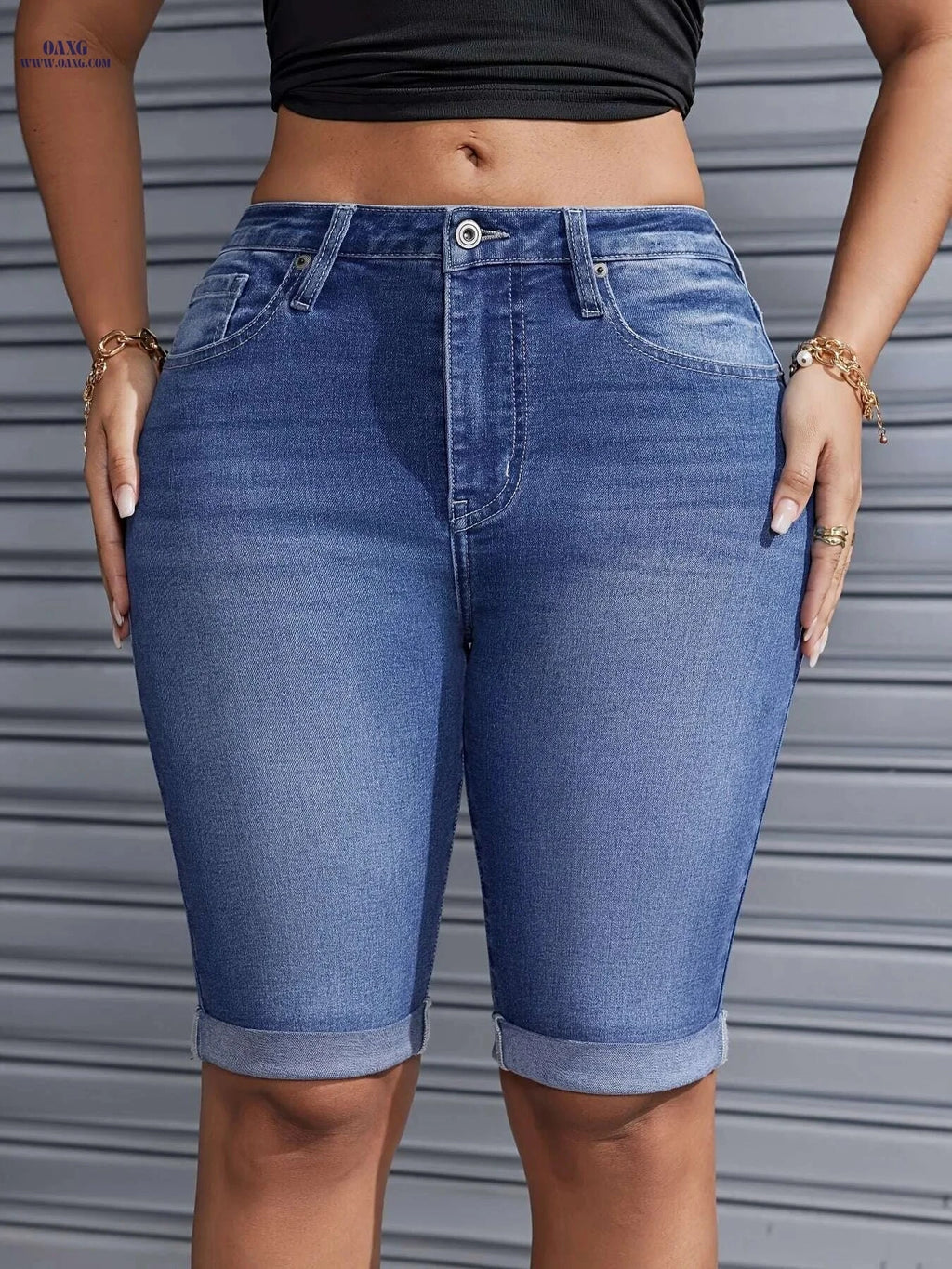 YOTUOKA Women's Mid-Waist Stretch Denim Shorts - Trendy Bermuda Fit   OAXG 